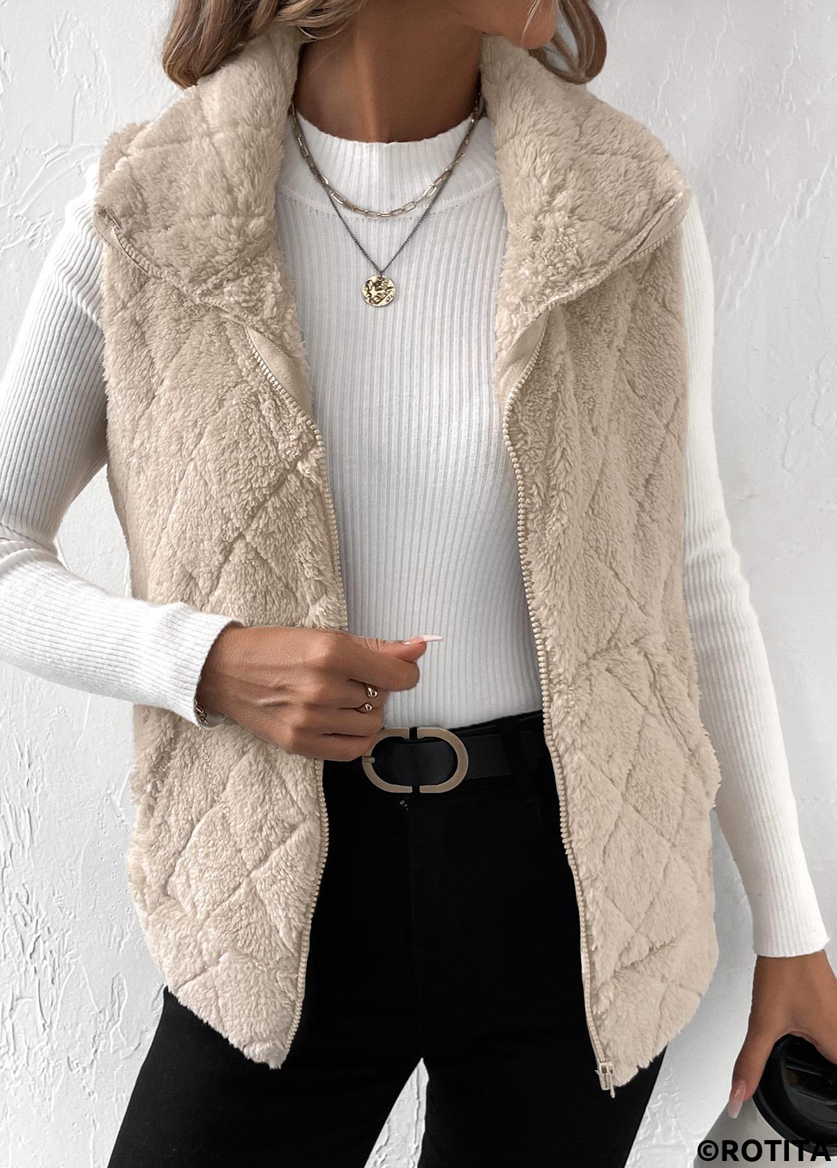 Beige tops,Plain Color tops,Zipper Beige Turn Down Collar Sleeveless Waistcoat
