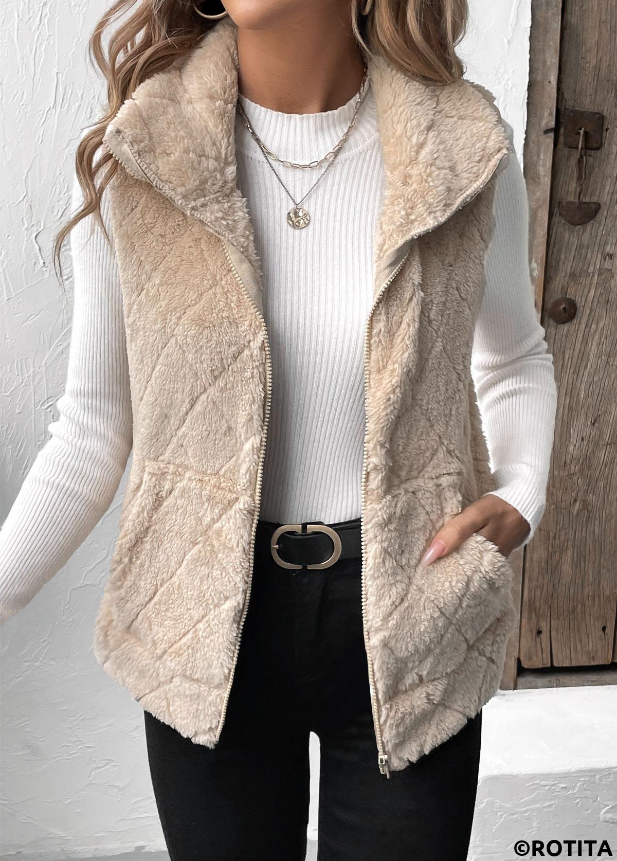 Beige tops,Plain Color tops,Zipper Beige Turn Down Collar Sleeveless Waistcoat
