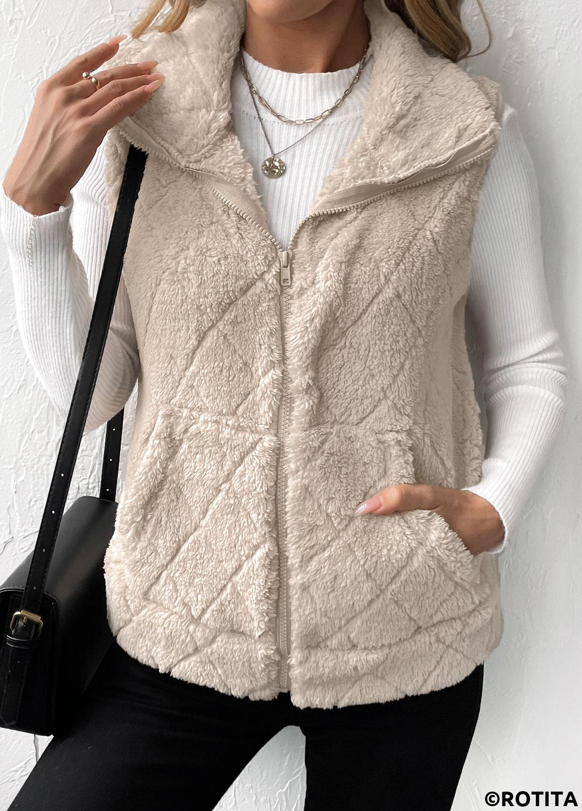 Beige tops,Plain Color tops,Zipper Beige Turn Down Collar Sleeveless Waistcoat
