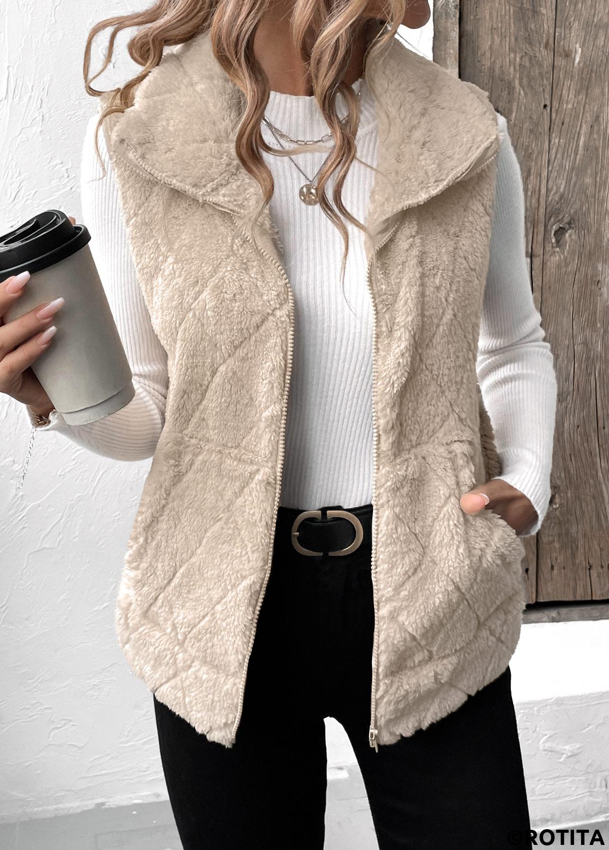 Beige tops,Plain Color tops,Zipper Beige Turn Down Collar Sleeveless Waistcoat