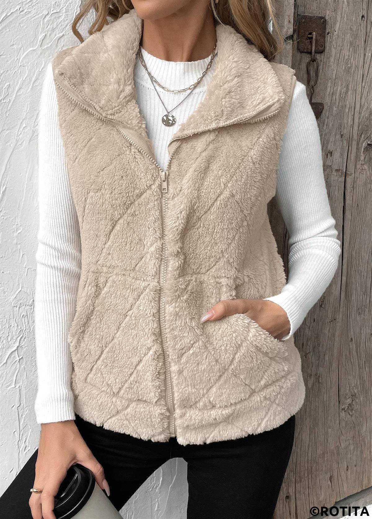 Beige tops,Plain Color tops,Zipper Beige Turn Down Collar Sleeveless Waistcoat