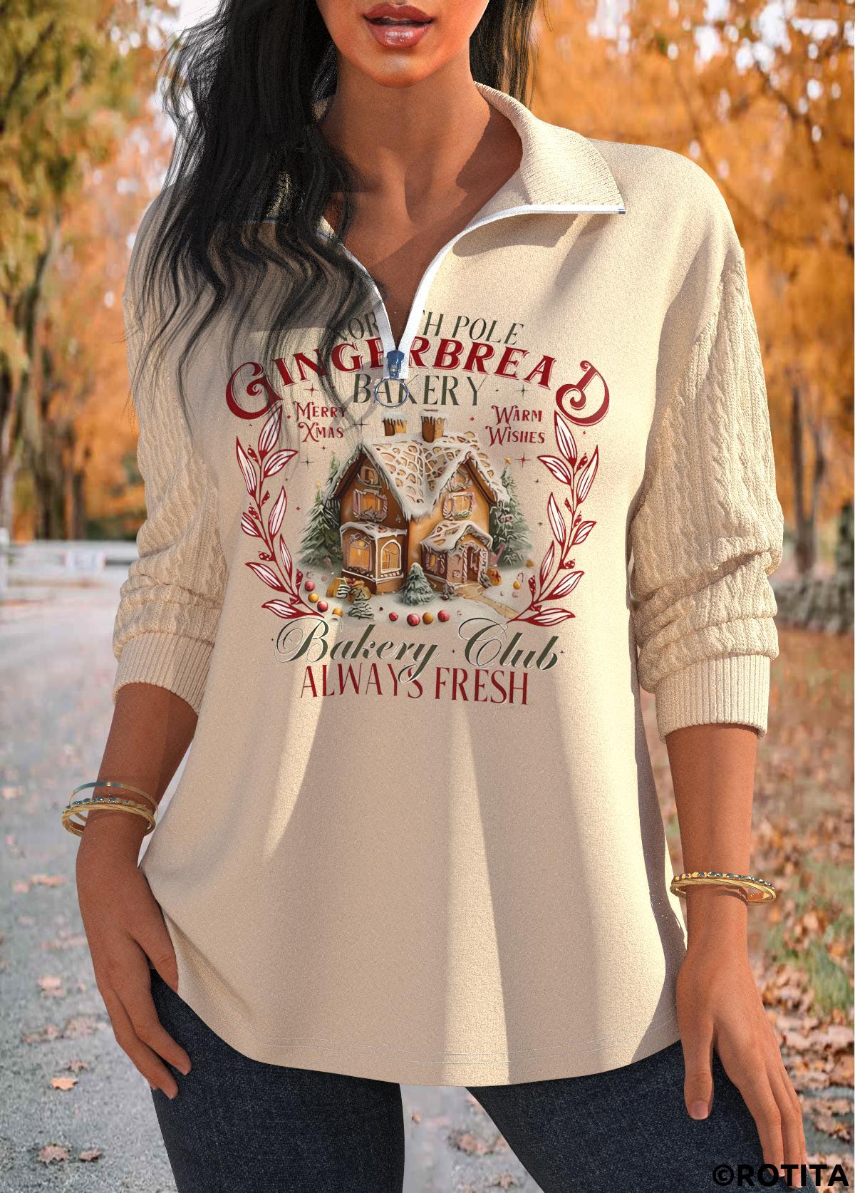 Skin Color tops,Christmas tops,Plants tops,Letter tops,ROTITA Christmas Jacquard Skin Color Turn Down Collar Sweatshirt