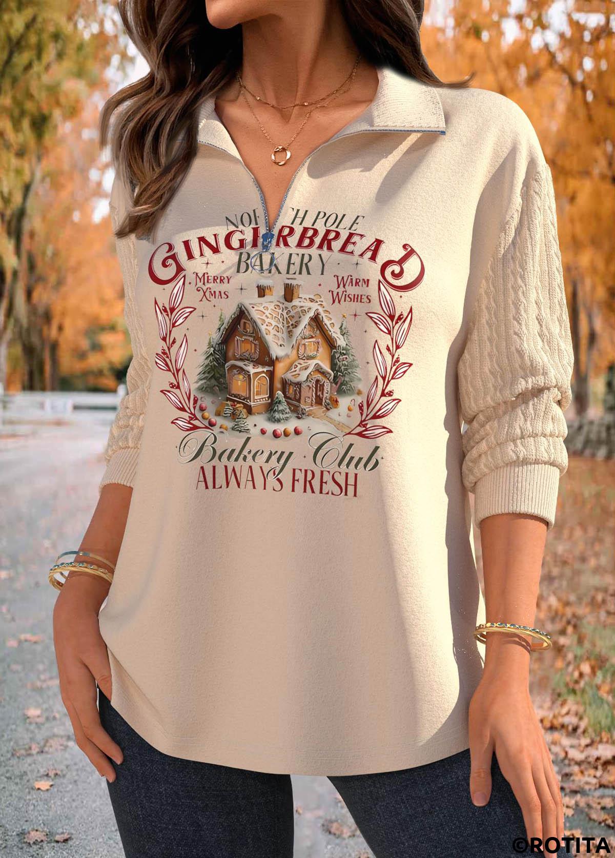 Skin Color tops,Christmas tops,Plants tops,Letter tops,ROTITA Christmas Jacquard Skin Color Turn Down Collar Sweatshirt