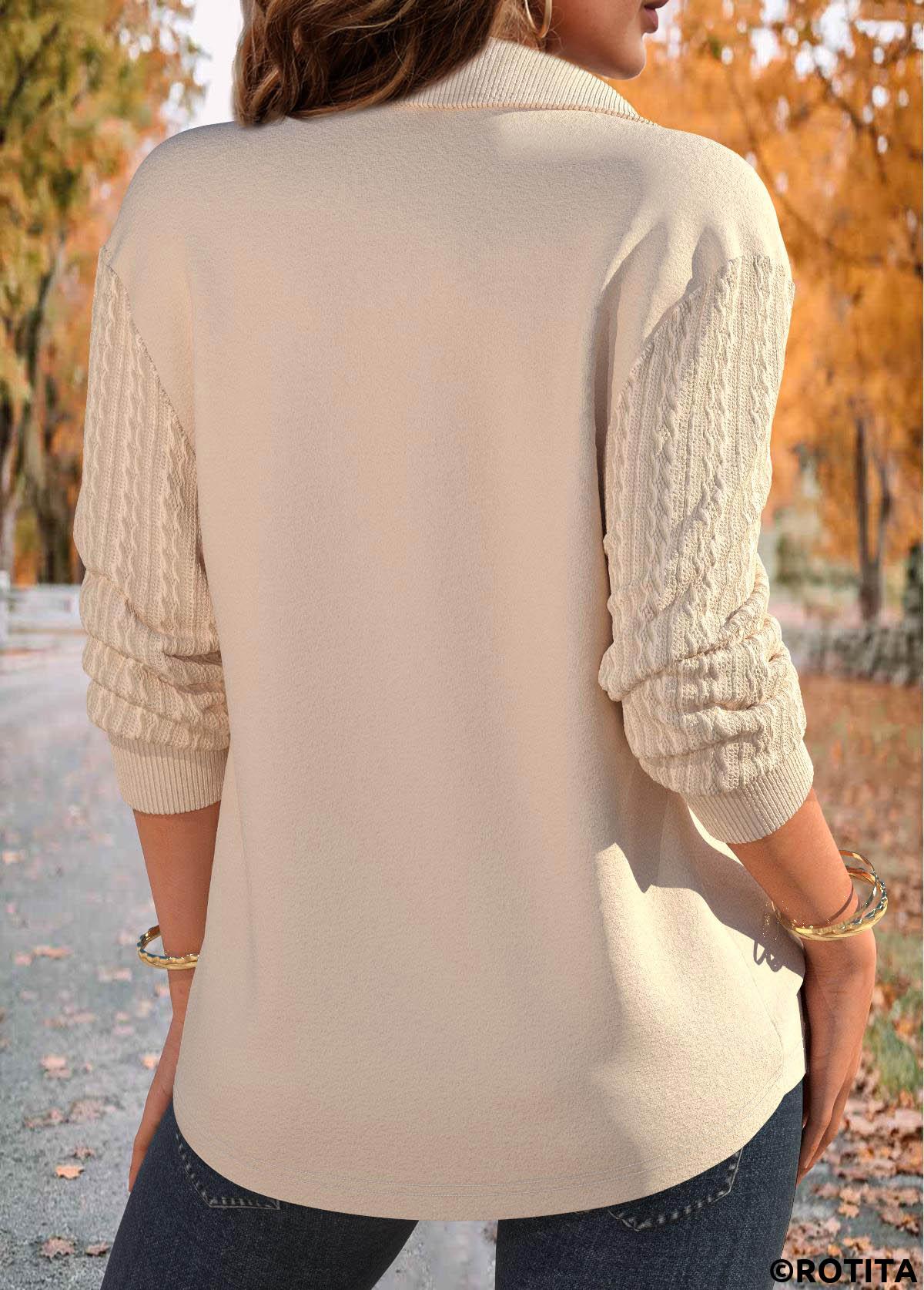 Skin Color tops,Christmas tops,Plants tops,Letter tops,ROTITA Christmas Jacquard Skin Color Turn Down Collar Sweatshirt