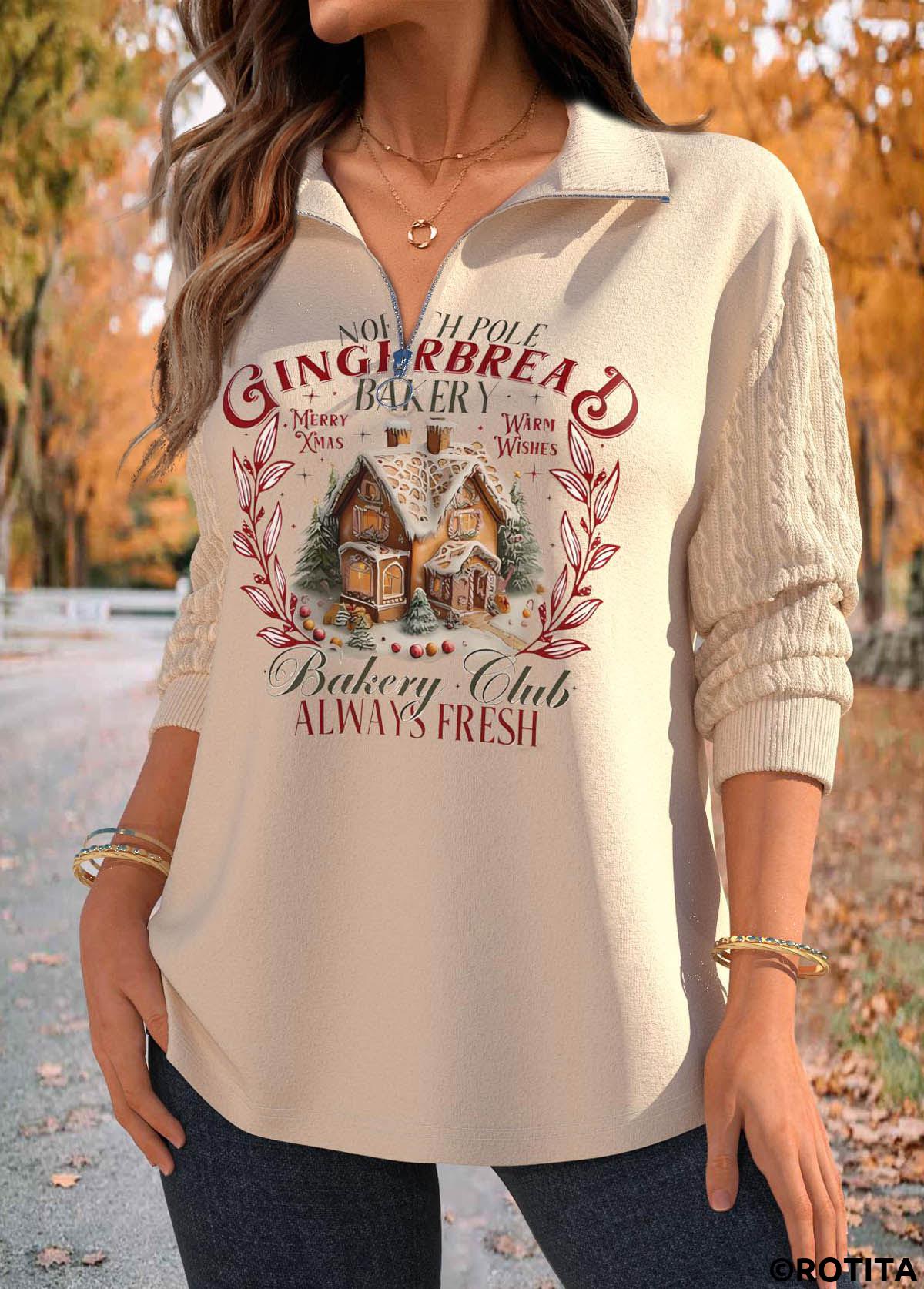 Skin Color tops,Christmas tops,Plants tops,Letter tops,ROTITA Christmas Jacquard Skin Color Turn Down Collar Sweatshirt