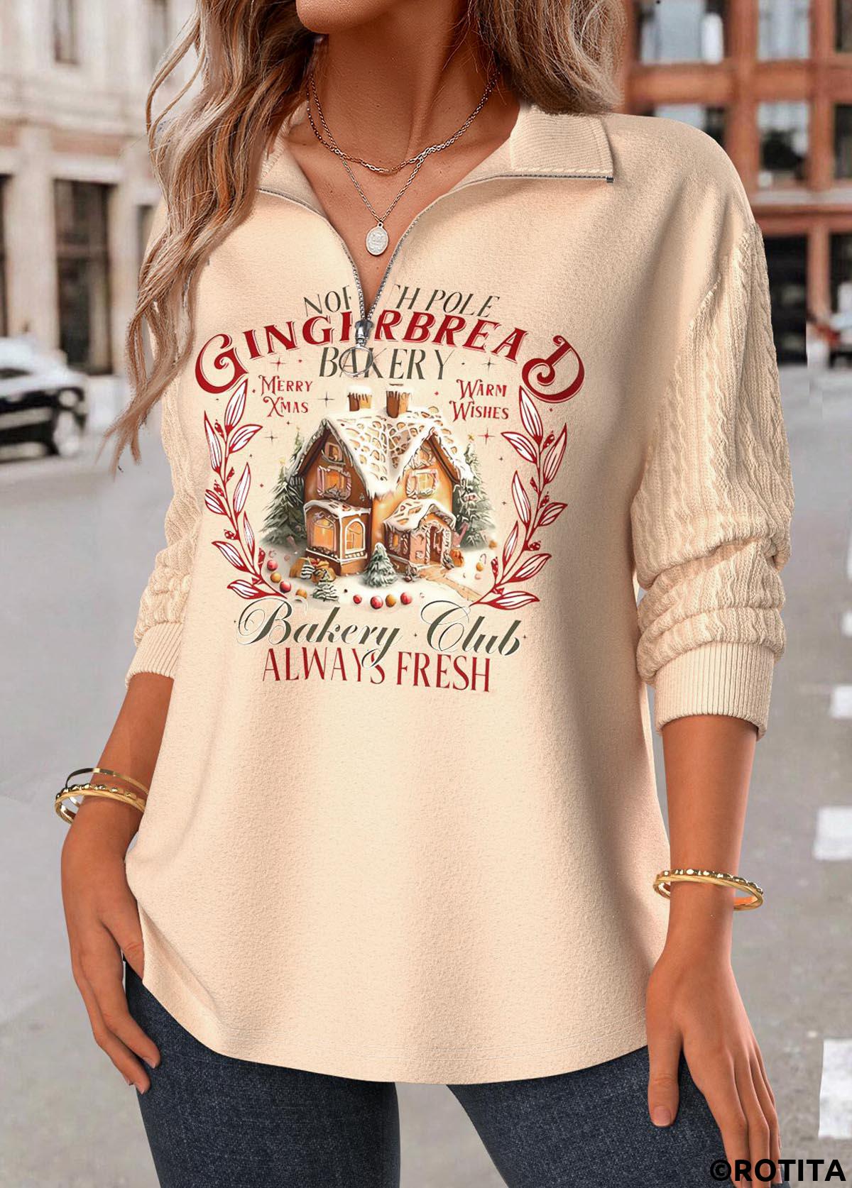 Skin Color tops,Christmas tops,Plants tops,Letter tops,ROTITA Christmas Jacquard Skin Color Turn Down Collar Sweatshirt