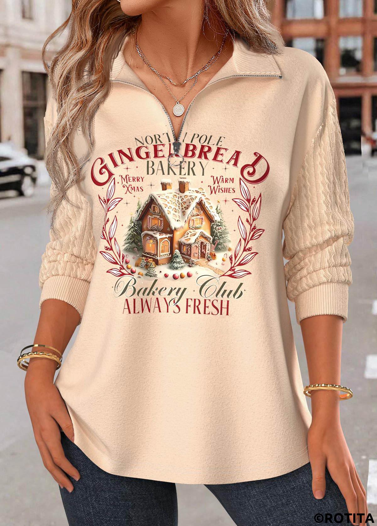 ROTITA Christmas Jacquard Skin Color Turn Down Collar Sweatshirt