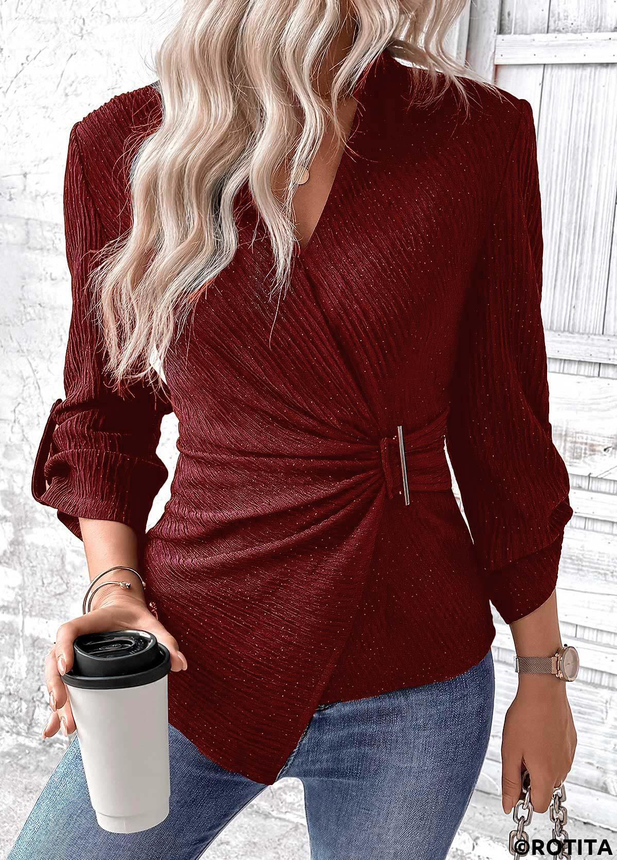 Wine Red tops,Plain Color tops,ROTITA Surplice Wine Red V Neck Long Sleeve Shirt