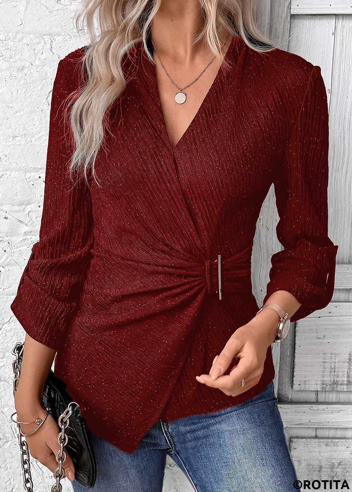 Wine Red tops,Plain Color tops,ROTITA Surplice Wine Red V Neck Long Sleeve Shirt