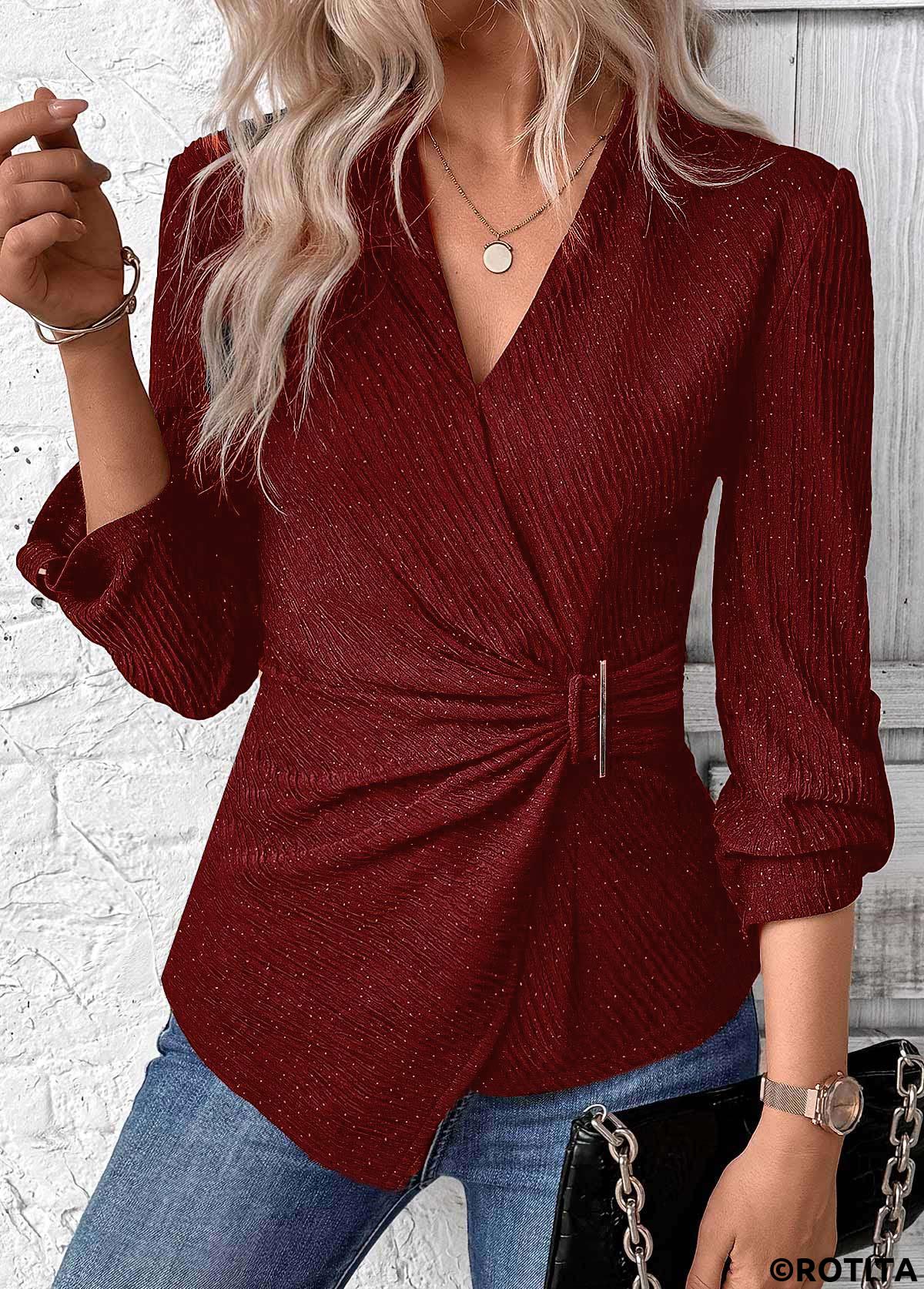 Wine Red tops,Plain Color tops,ROTITA Surplice Wine Red V Neck Long Sleeve Shirt