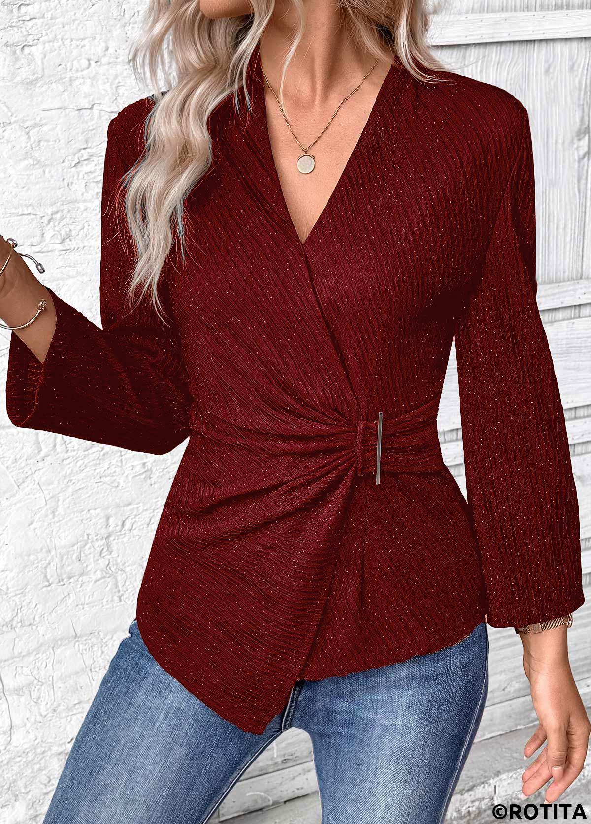 Wine Red tops,Plain Color tops,ROTITA Surplice Wine Red V Neck Long Sleeve Shirt