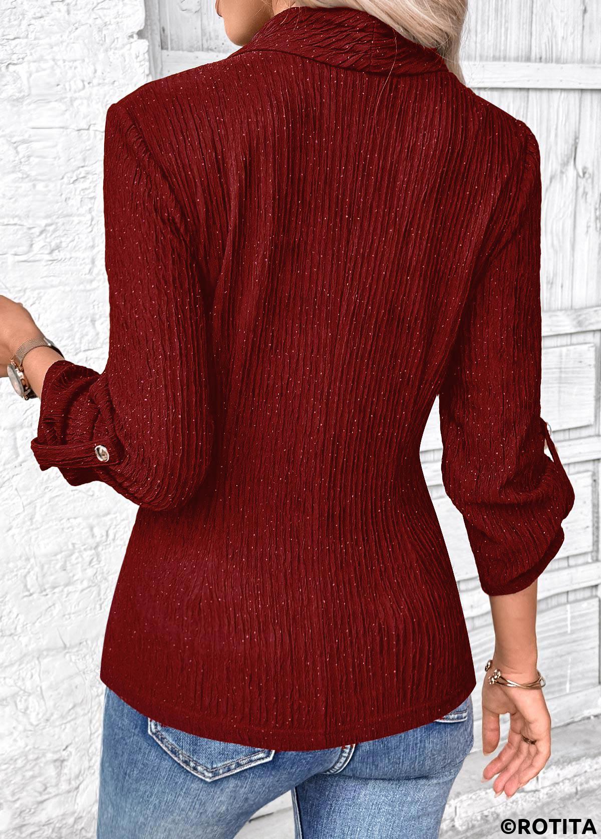 Wine Red tops,Plain Color tops,ROTITA Surplice Wine Red V Neck Long Sleeve Shirt