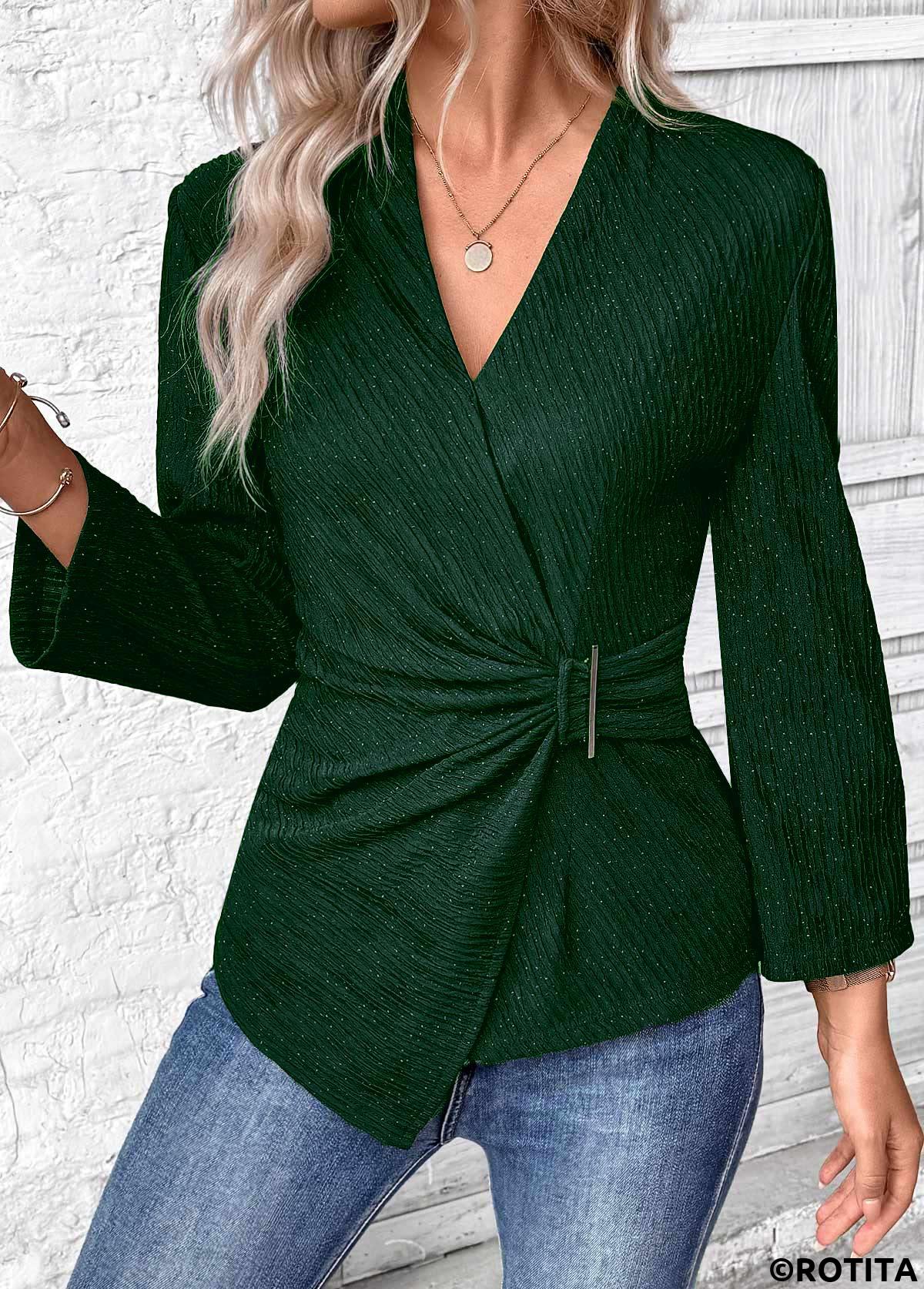 Green tops,Plain Color tops,ROTITA Surplice Green V Neck Long Sleeve Shirt