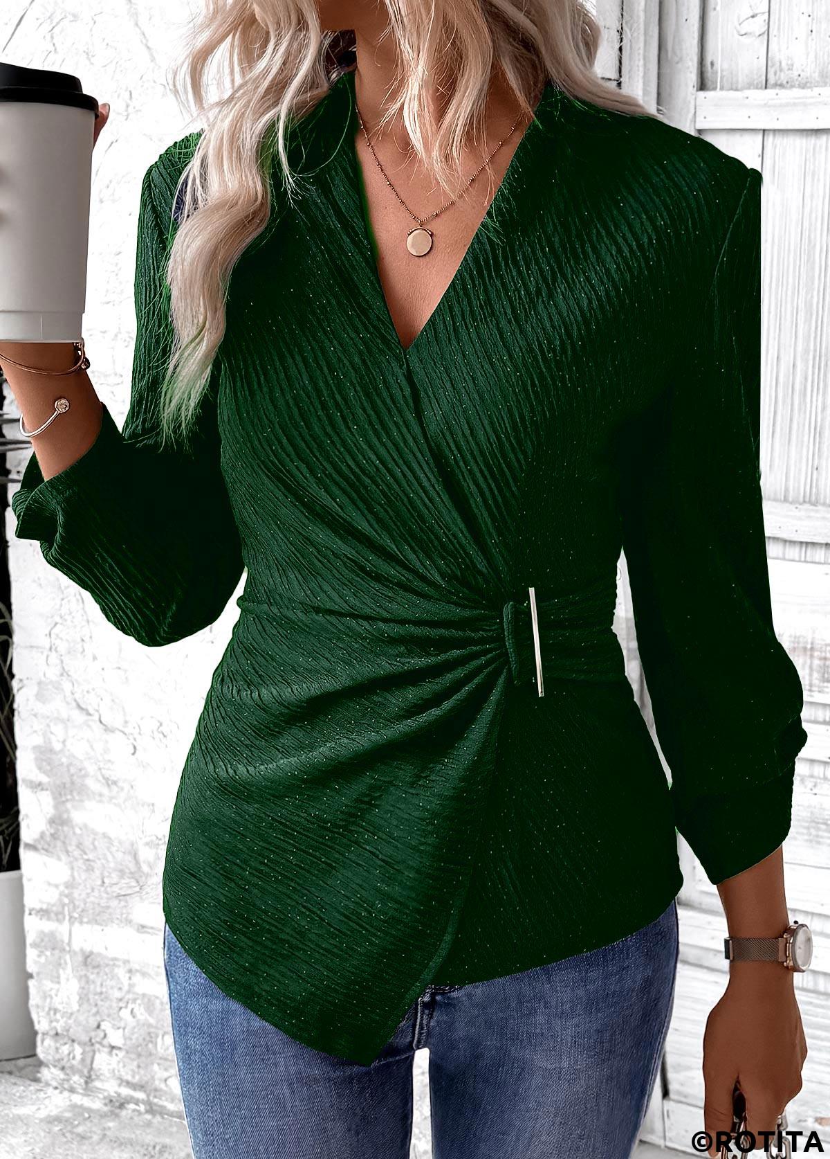 Green tops,Plain Color tops,ROTITA Surplice Green V Neck Long Sleeve Shirt