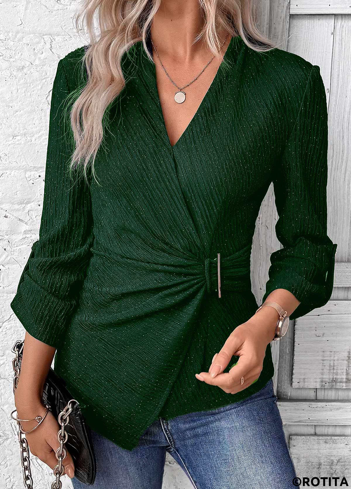 Green tops,Plain Color tops,ROTITA Surplice Green V Neck Long Sleeve Shirt