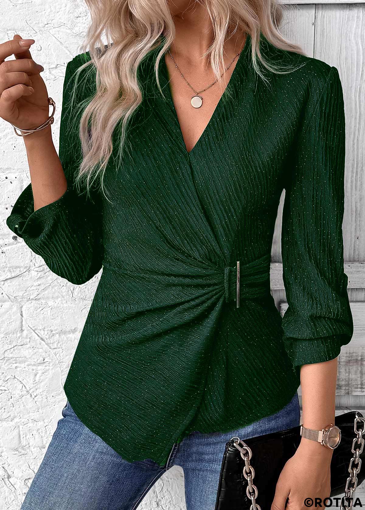 Green tops,Plain Color tops,ROTITA Surplice Green V Neck Long Sleeve Shirt
