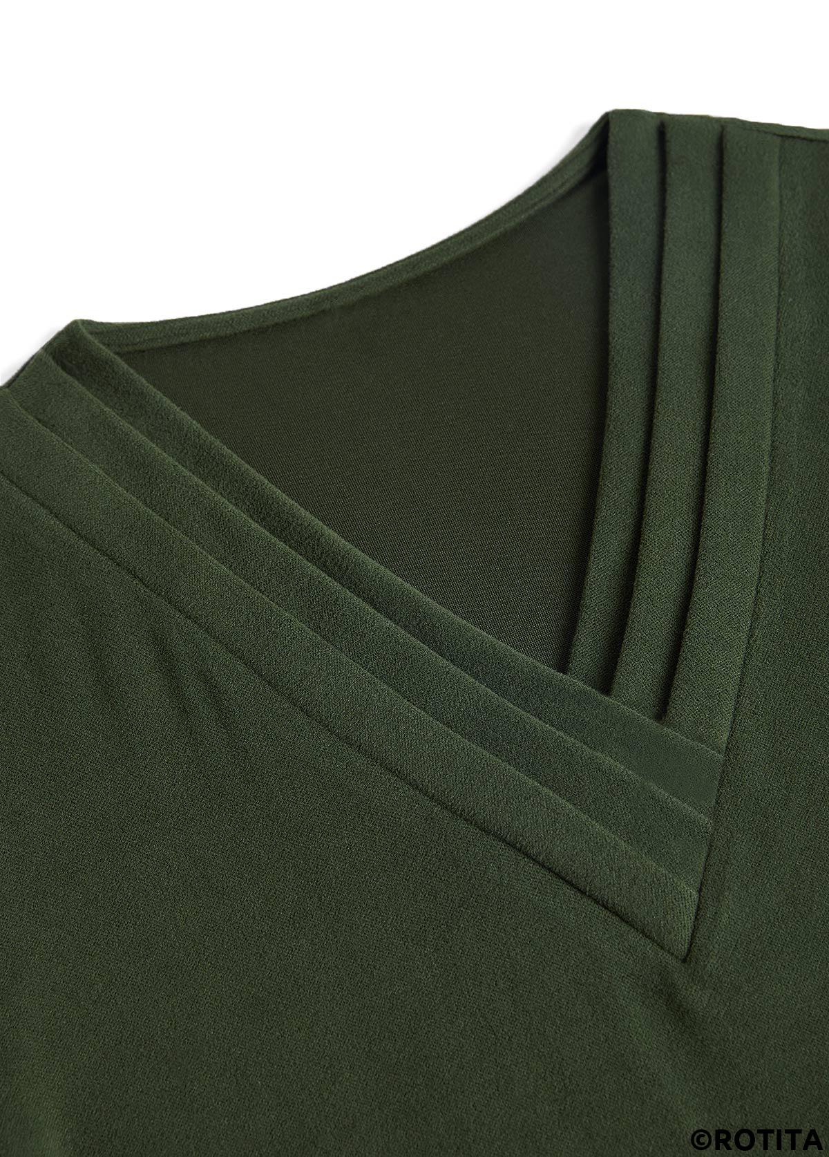 Olive Green plus size,Plain Color plus size,ROTITA Plus Size Patchwork Olive Green V Neck T Shirt