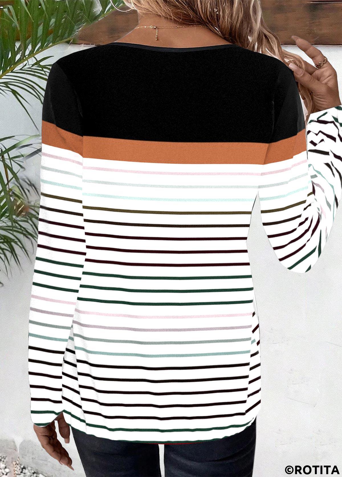 Black tops,Striped tops,Geometric tops,ROTITA Patchwork Striped Black Round Neck Long Sleeve T Shirt