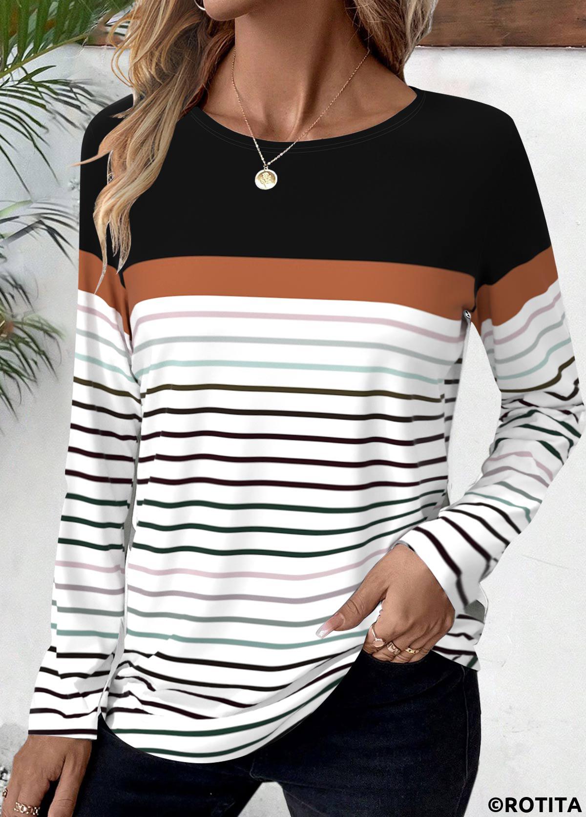 Black tops,Striped tops,Geometric tops,ROTITA Patchwork Striped Black Round Neck Long Sleeve T Shirt