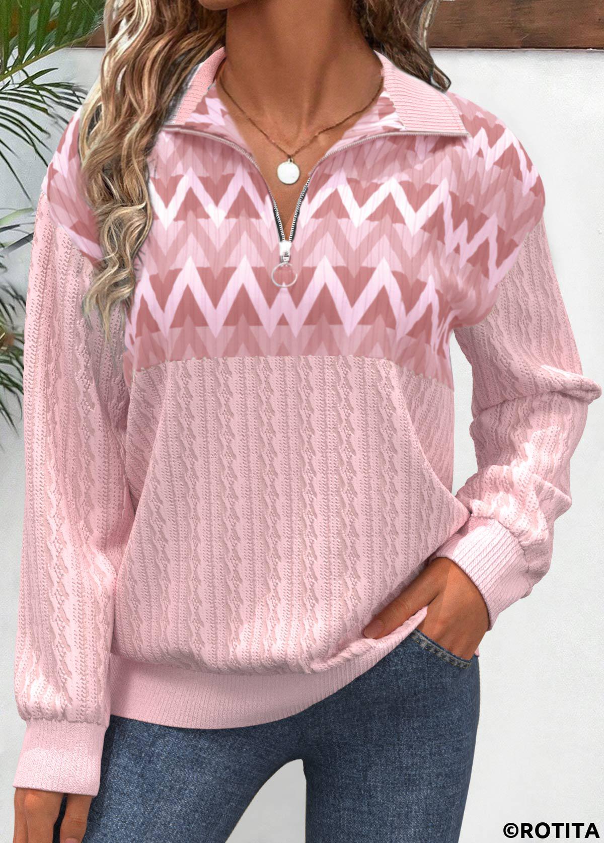 Pink tops,Geometric tops,ROTITA Zipper Geometric Print Pink V Neck Sweatshirt
