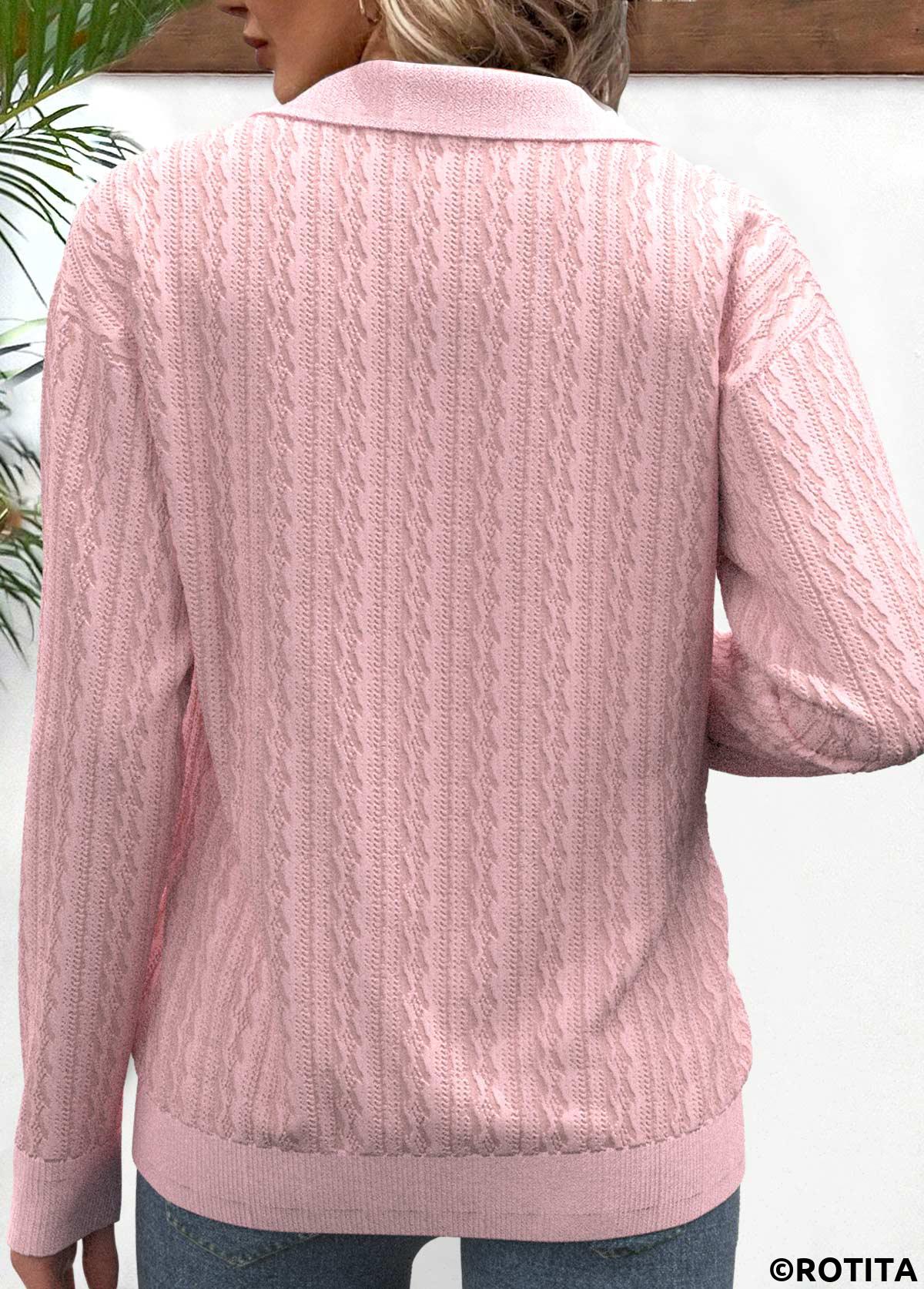 Pink tops,Geometric tops,ROTITA Zipper Geometric Print Pink V Neck Sweatshirt