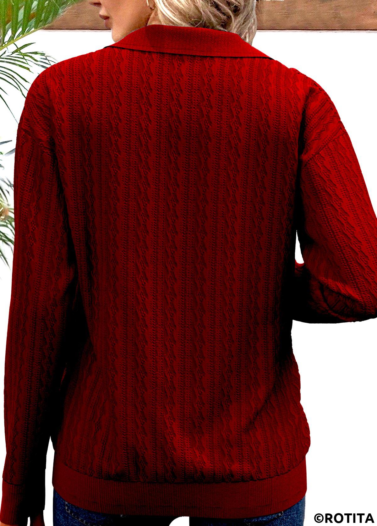 Red tops,Geometric tops,ROTITA Zipper Geometric Print Red V Neck Long Sleeve Sweatshirt