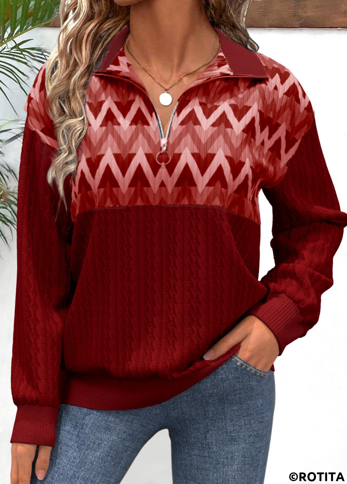 Red tops,Geometric tops,ROTITA Zipper Geometric Print Red V Neck Long Sleeve Sweatshirt