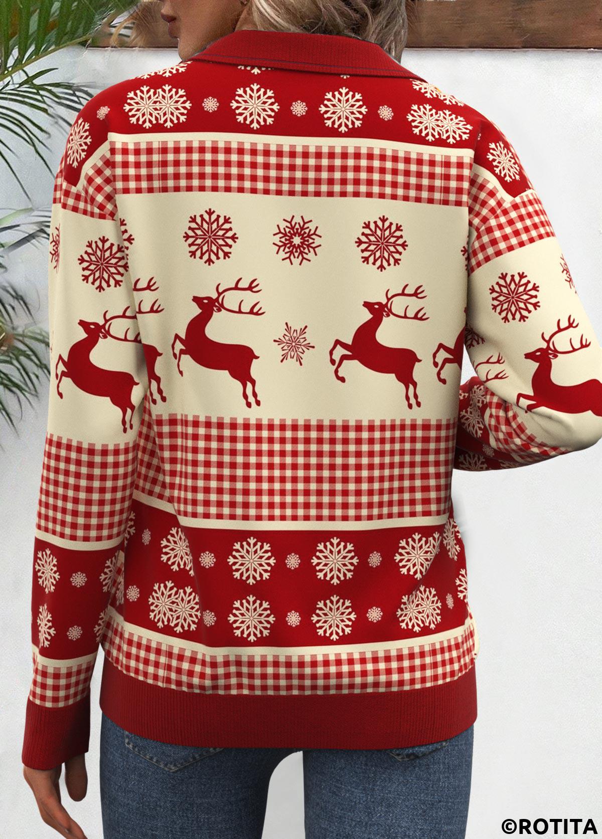 Wine Red tops,Christmas tops,ROTITA Christmas Zipper Wine Red Turn Down Collar Sweatshirt