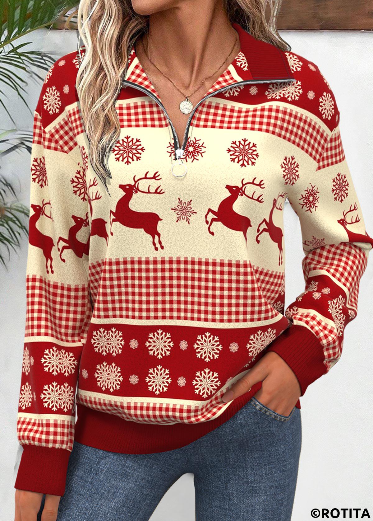 Wine Red tops,Christmas tops,ROTITA Christmas Zipper Wine Red Turn Down Collar Sweatshirt
