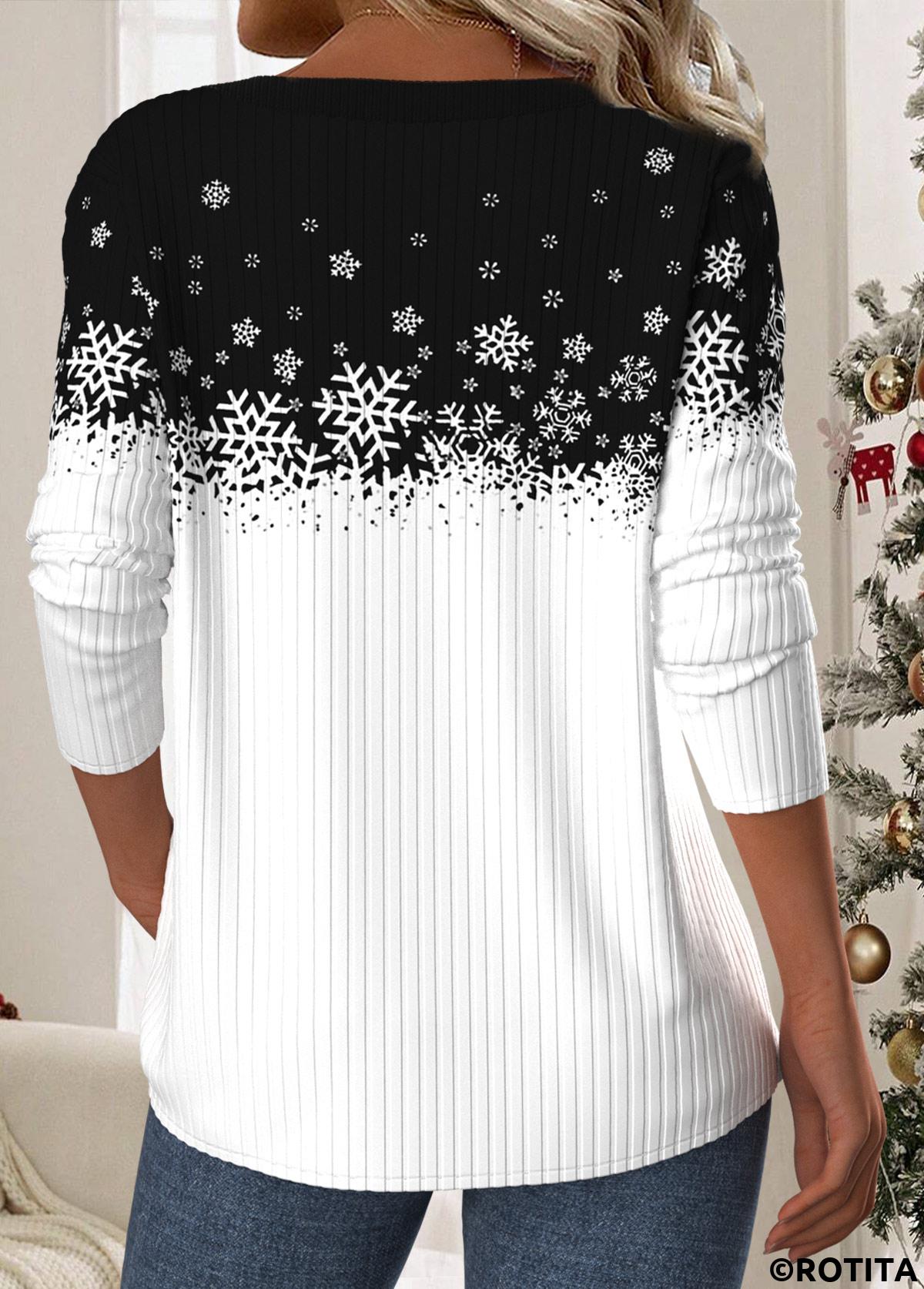 t-shirt col rond noir imprimé flocon de neige patchwork de Noël rotita