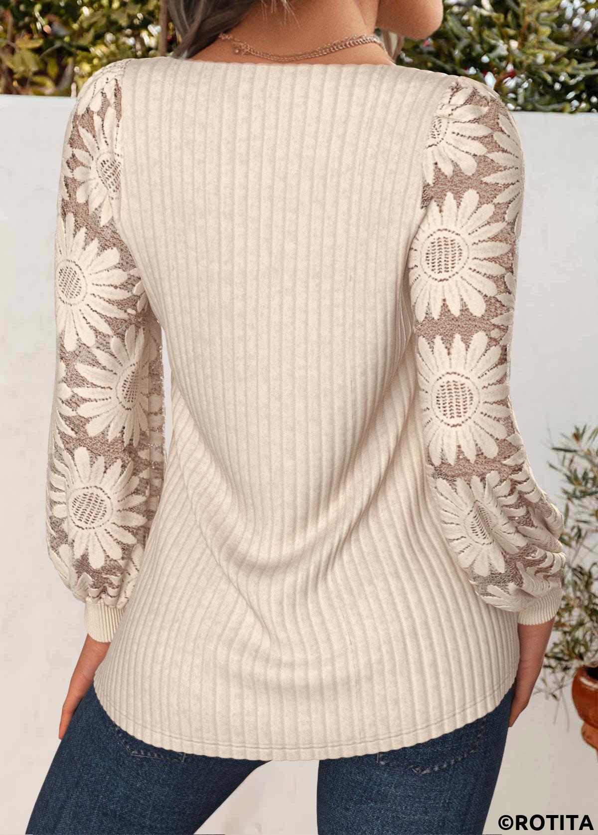 Rotita Patchwork Helles Kamel-Sweatshirt mit eckigem Ausschnitt und langen Ärmeln