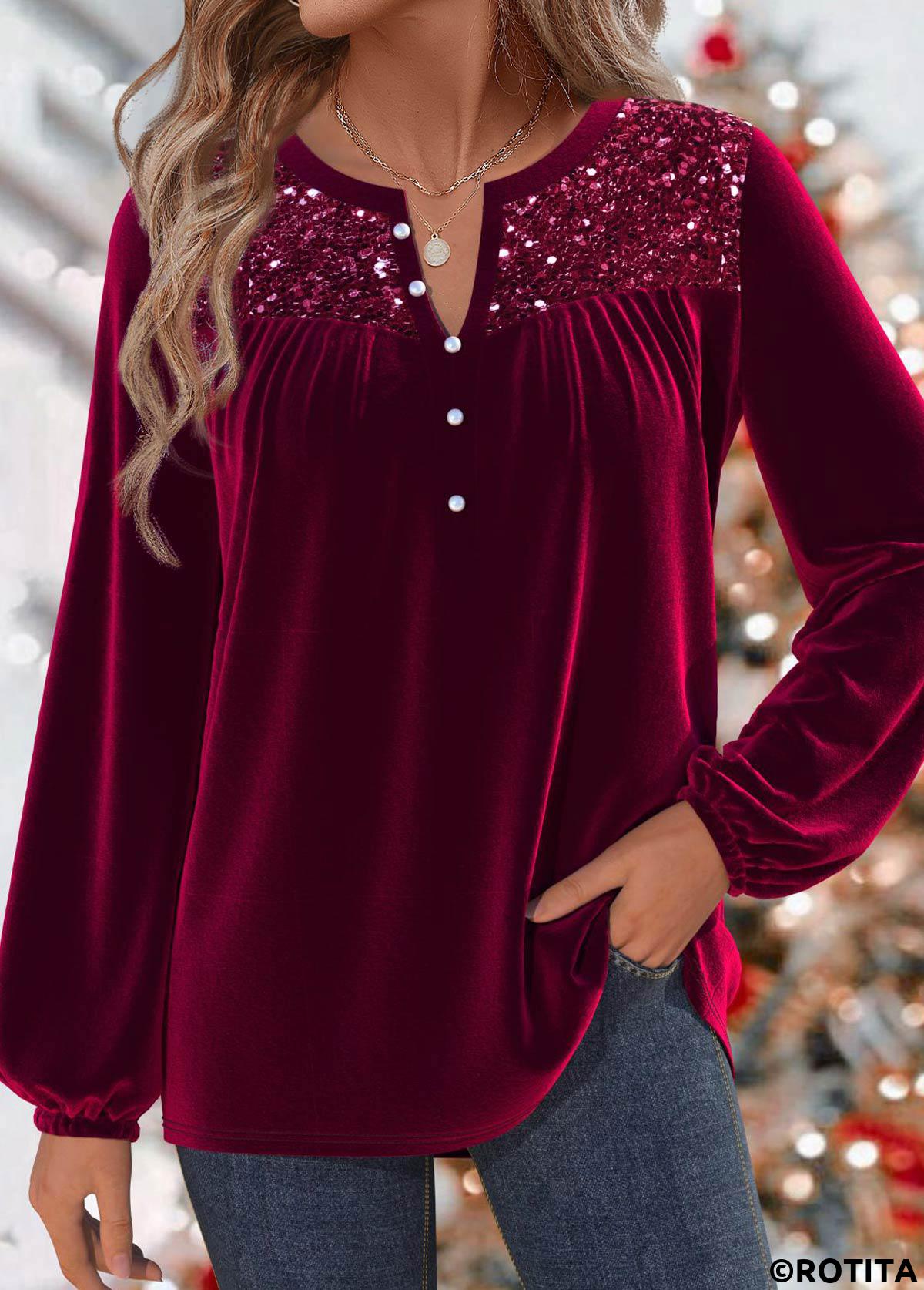 Wine Red tops,Plain Color tops,ROTITA Long Sleeve Split Wine Red Blouse