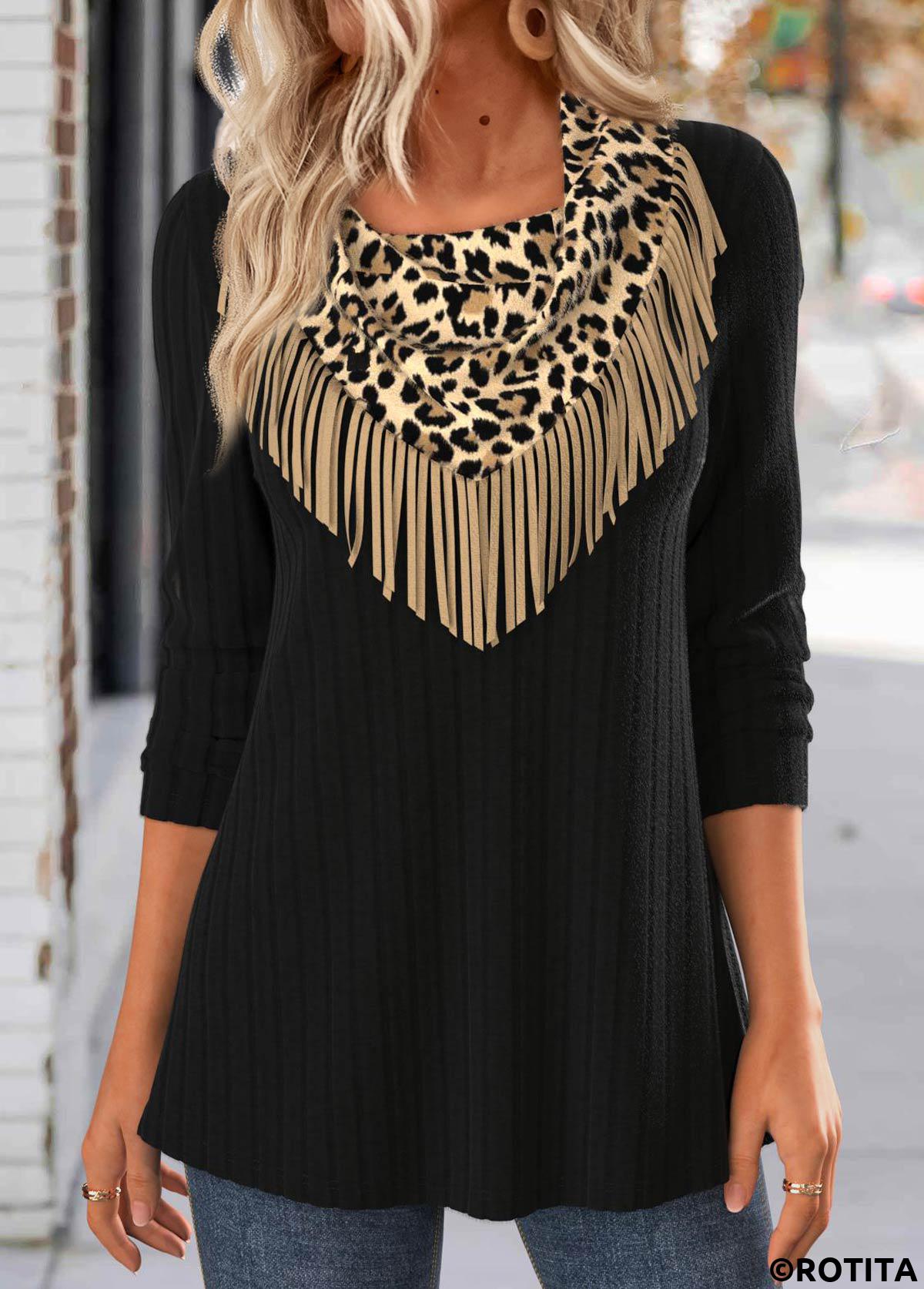 Black tops,Leopard tops,ROTITA Tassel Leopard Black Long Sleeve T Shirt