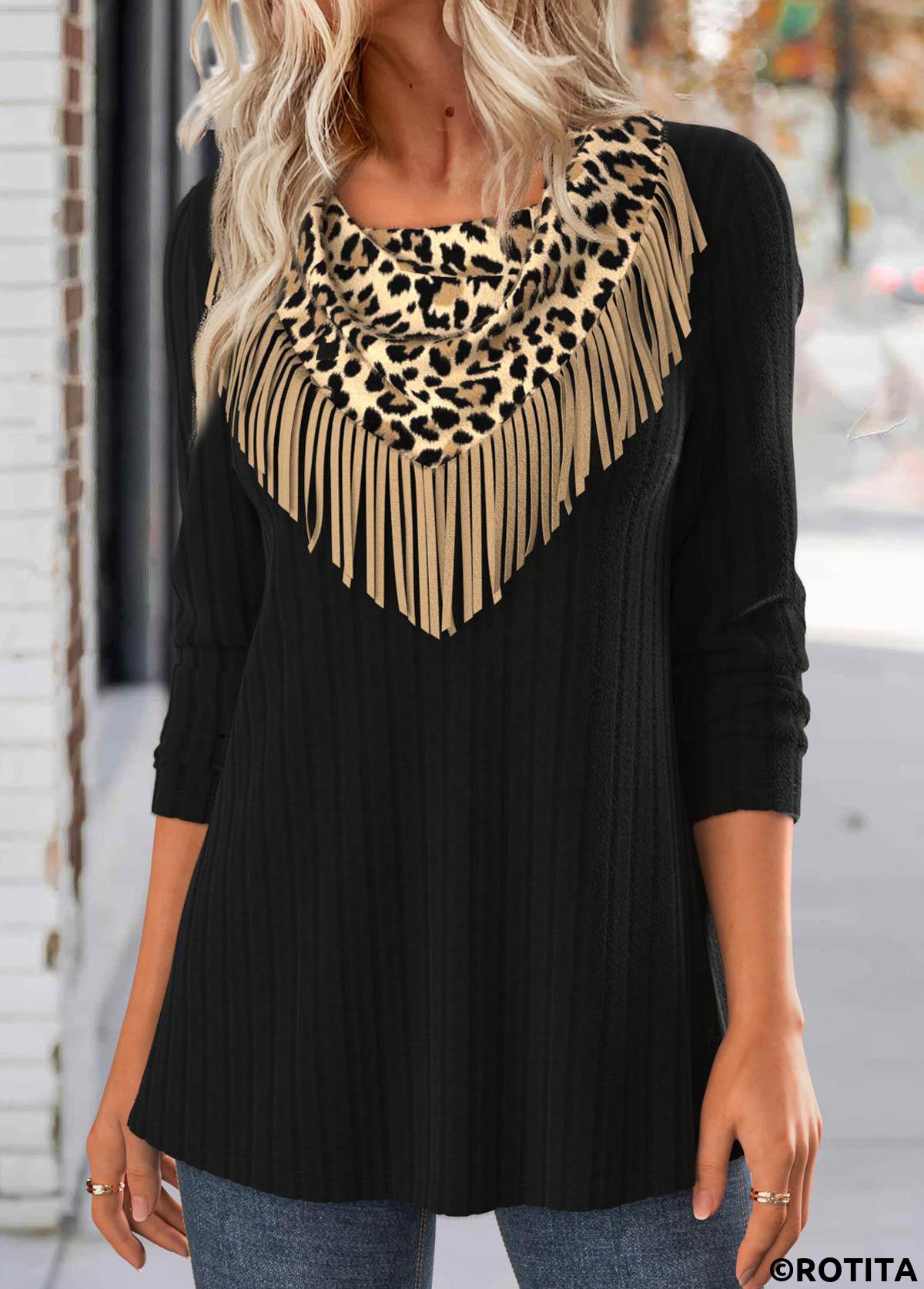Black tops,Leopard tops,ROTITA Tassel Leopard Black Long Sleeve T Shirt