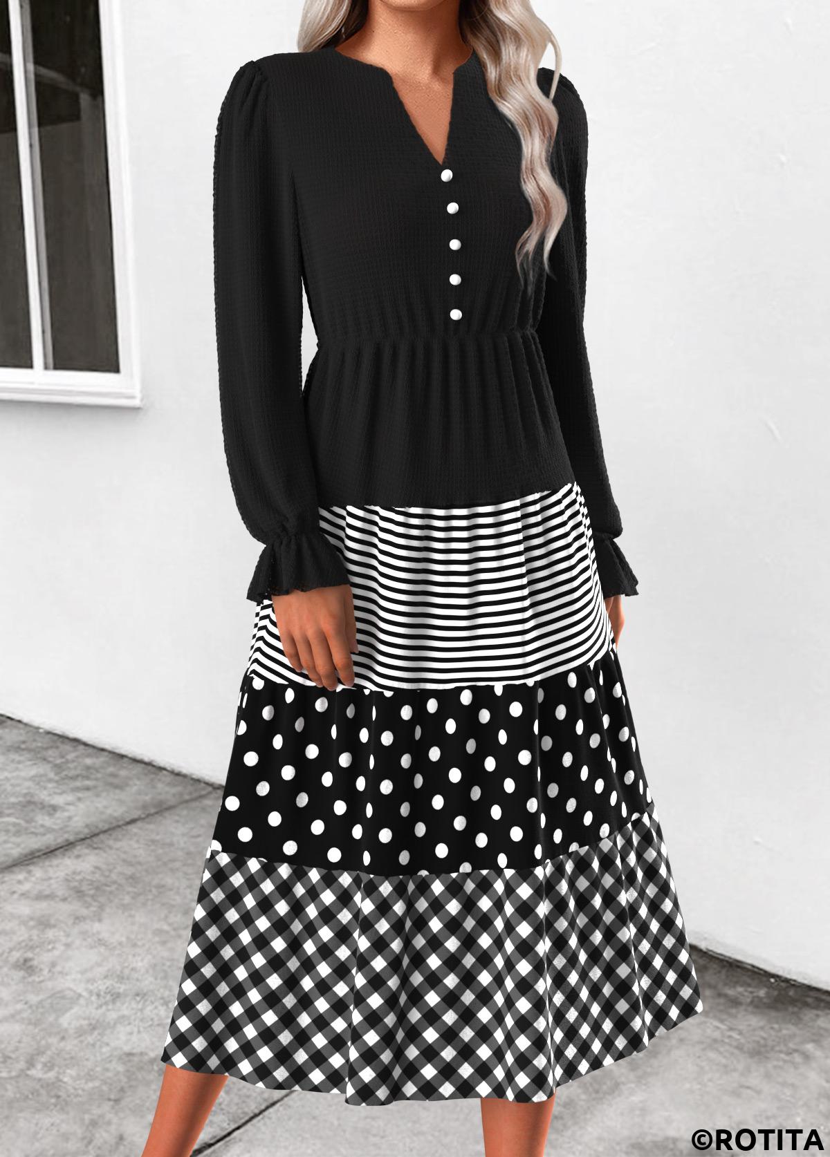 Black dresses,Geometric dresses,Everyday dresses,Casual dresses,ROTITA Patchwork Geometric Print Black Split Neck Long Sleeve Dress