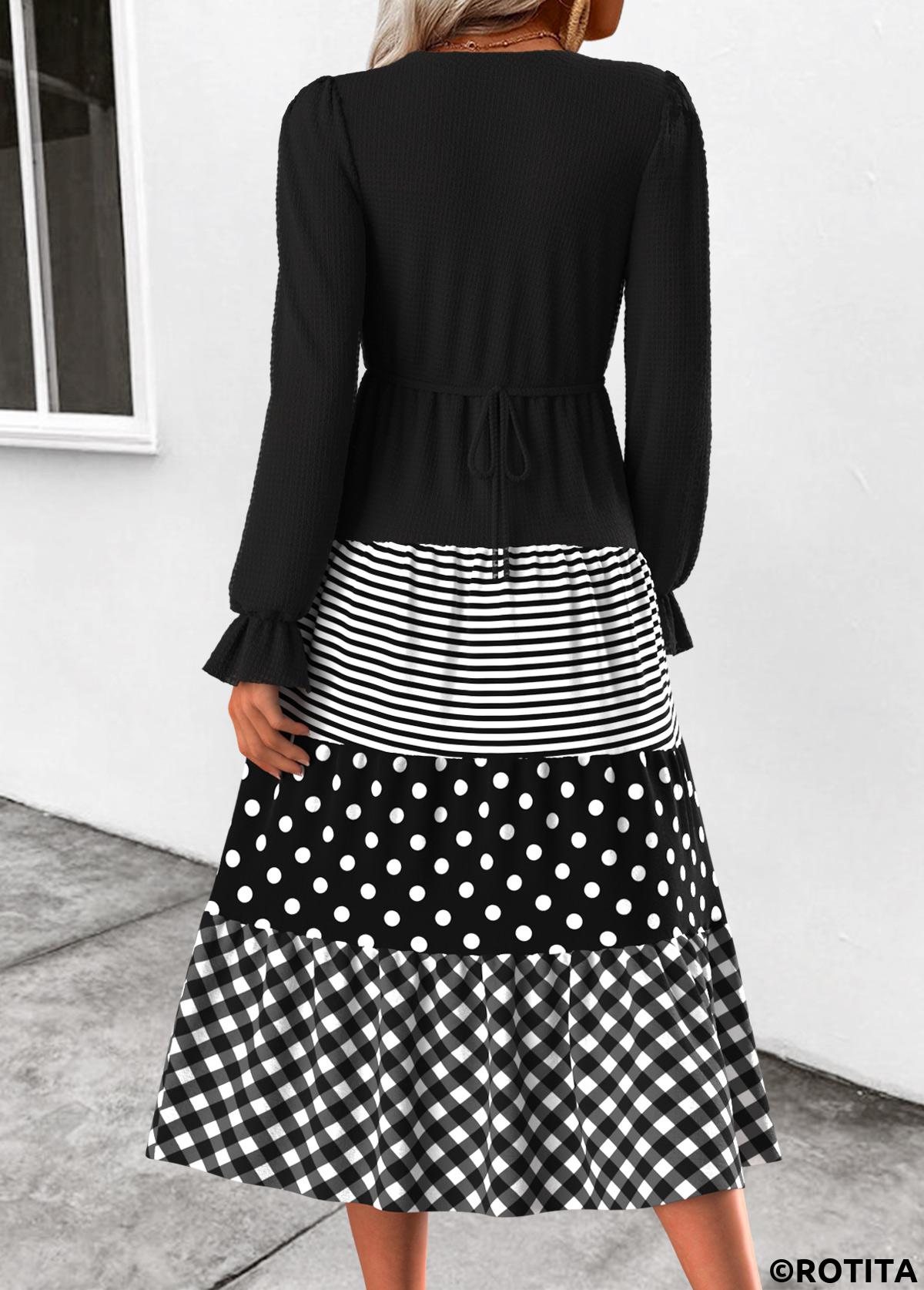 Black dresses,Geometric dresses,Everyday dresses,Casual dresses,ROTITA Patchwork Geometric Print Black Split Neck Long Sleeve Dress