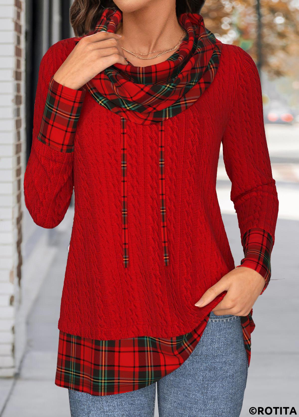 Red tops,Plaid tops,ROTITA Christmas Patchwork Plaid Red Cowl Neck Long Sleeve Sweatshirt