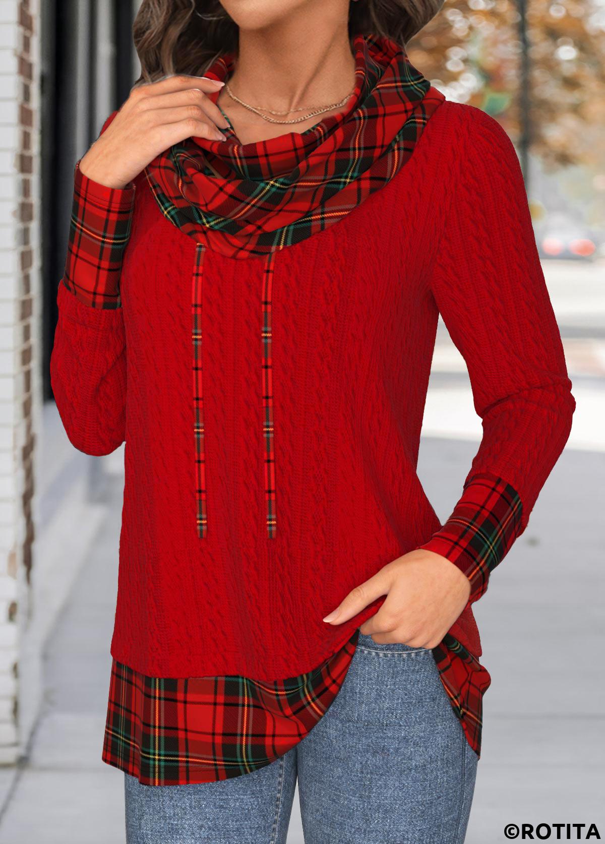 Red tops,Plaid tops,ROTITA Christmas Patchwork Plaid Red Cowl Neck Long Sleeve Sweatshirt