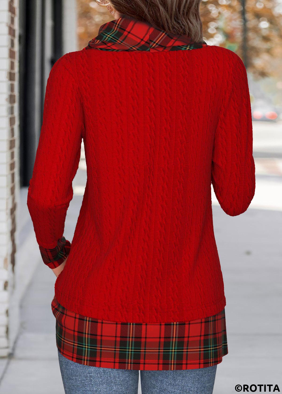 Red tops,Plaid tops,ROTITA Christmas Patchwork Plaid Red Cowl Neck Long Sleeve Sweatshirt