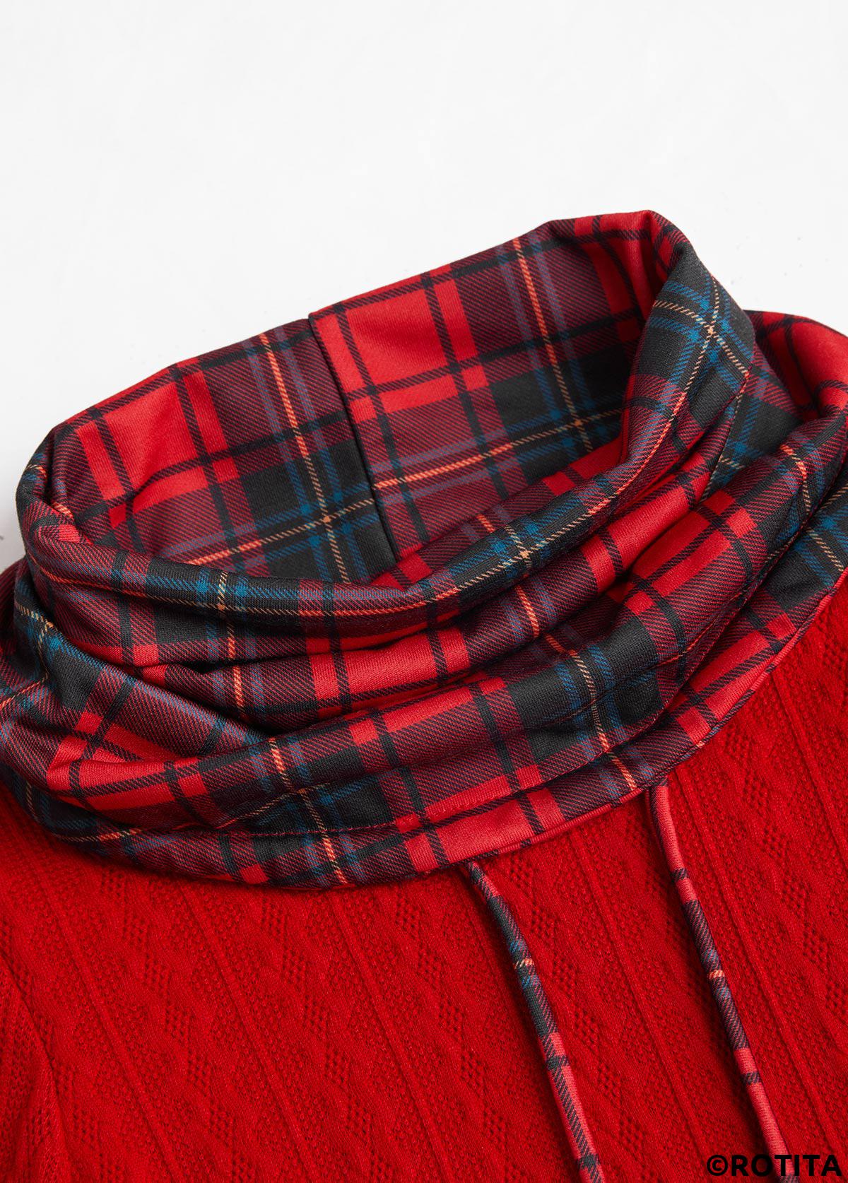 Red tops,Plaid tops,ROTITA Christmas Patchwork Plaid Red Cowl Neck Long Sleeve Sweatshirt