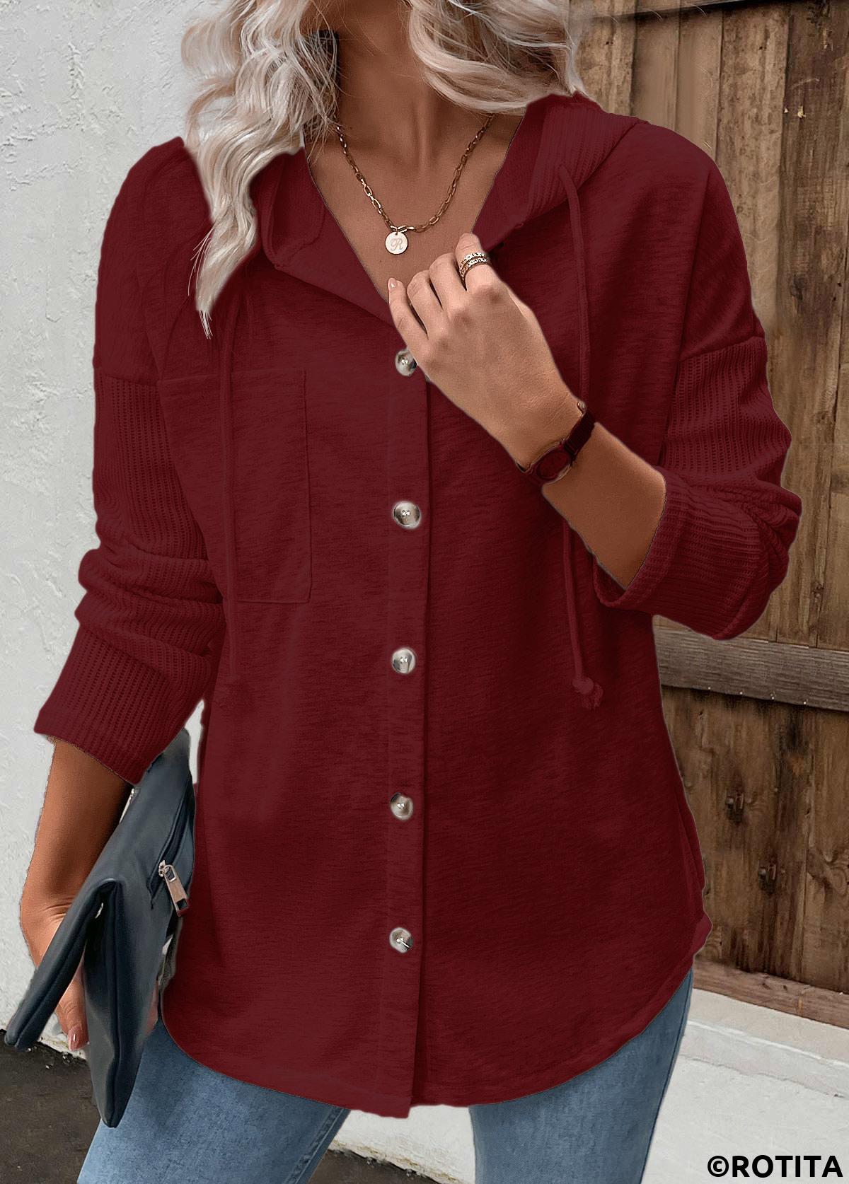 Wine Red tops,Plain Color tops,ROTITA Patchwork Wine Red Long Sleeve Hoodie