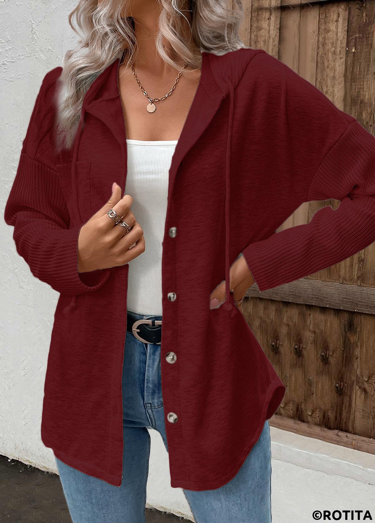 Wine Red tops,Plain Color tops,ROTITA Patchwork Wine Red Long Sleeve Hoodie