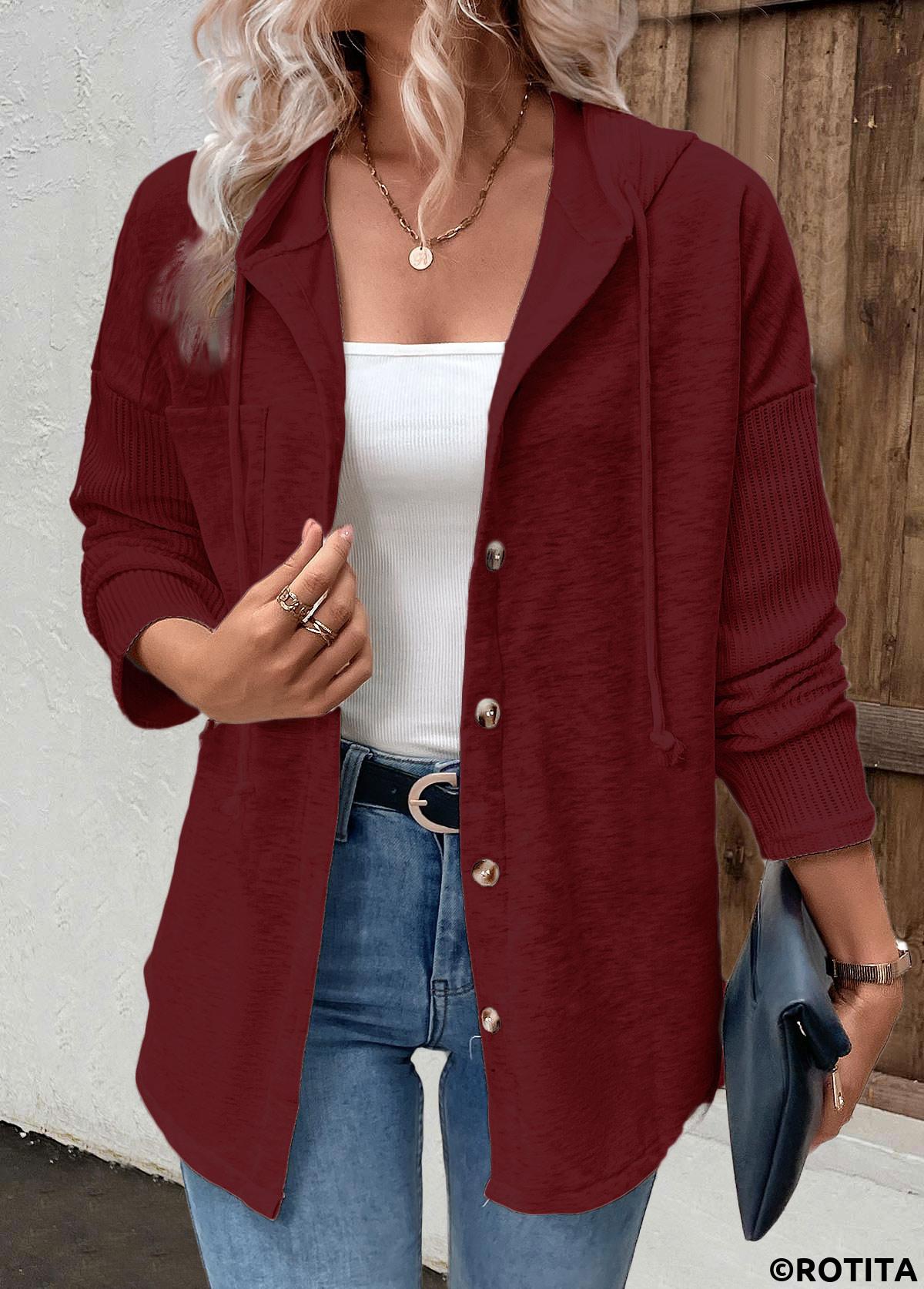 Wine Red tops,Plain Color tops,ROTITA Patchwork Wine Red Long Sleeve Hoodie