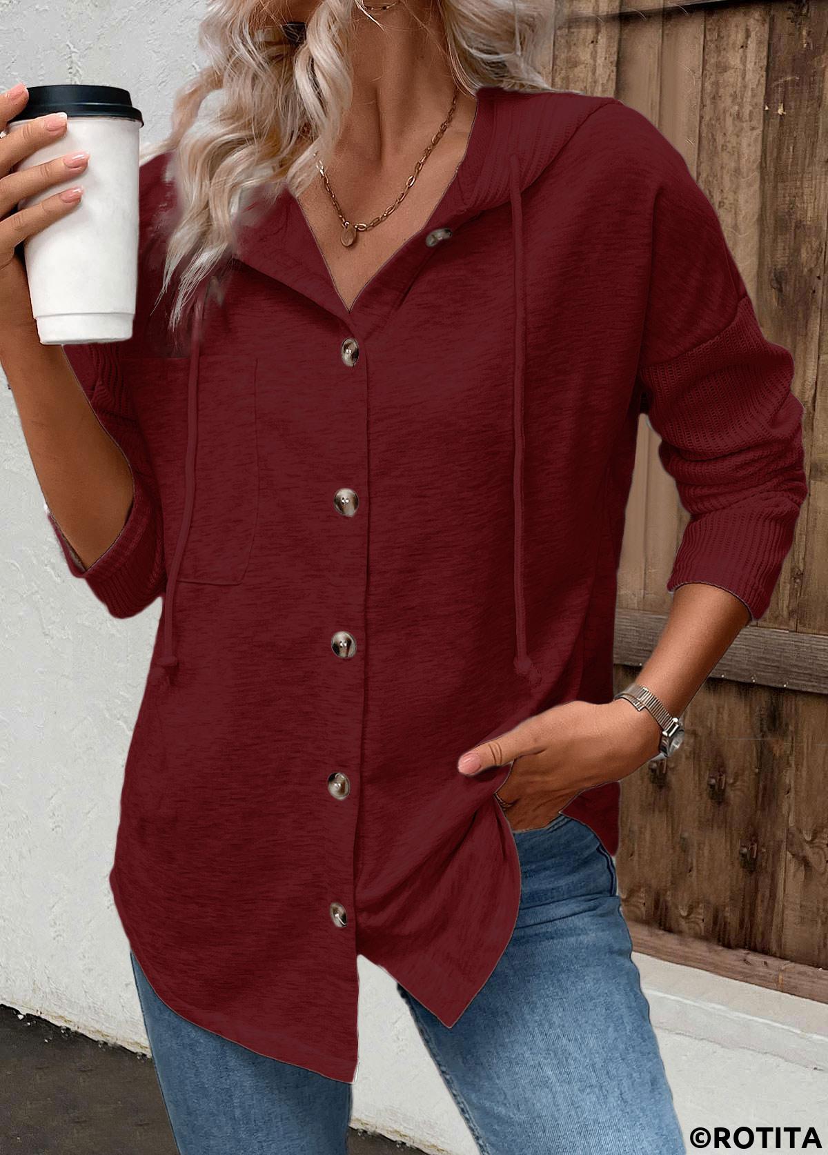 Wine Red tops,Plain Color tops,ROTITA Patchwork Wine Red Long Sleeve Hoodie