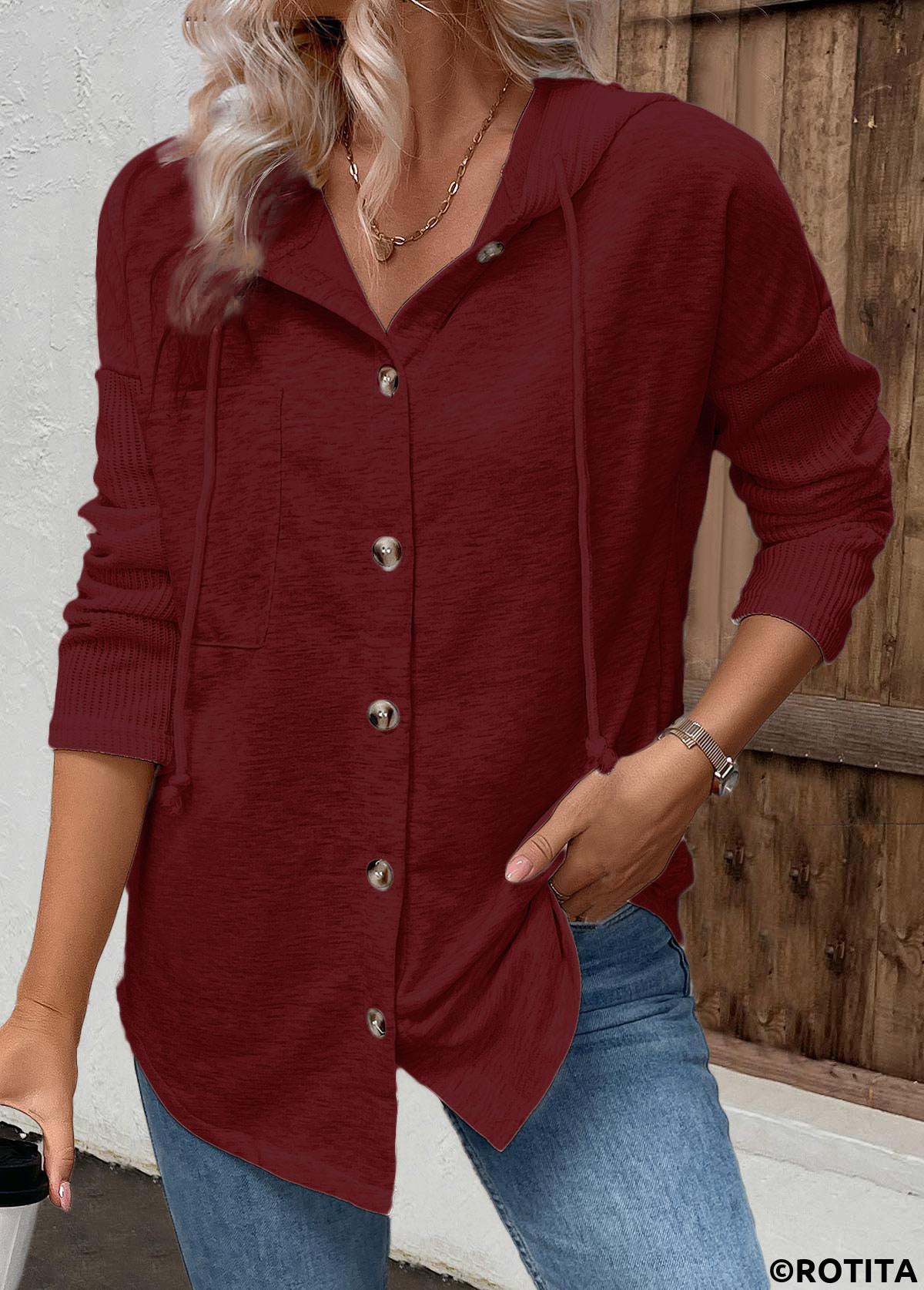 Wine Red tops,Plain Color tops,ROTITA Patchwork Wine Red Long Sleeve Hoodie