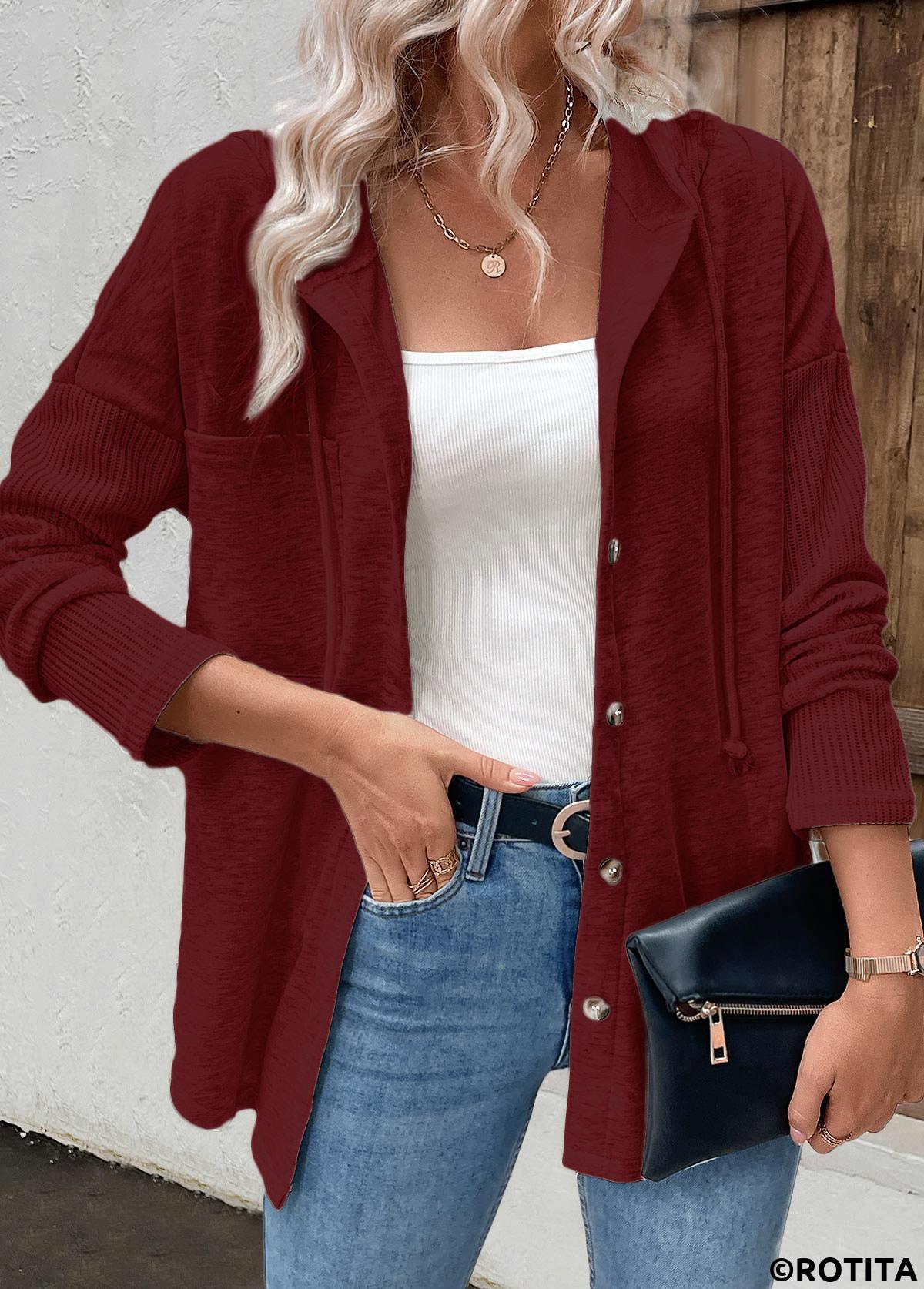 Wine Red tops,Plain Color tops,ROTITA Patchwork Wine Red Long Sleeve Hoodie