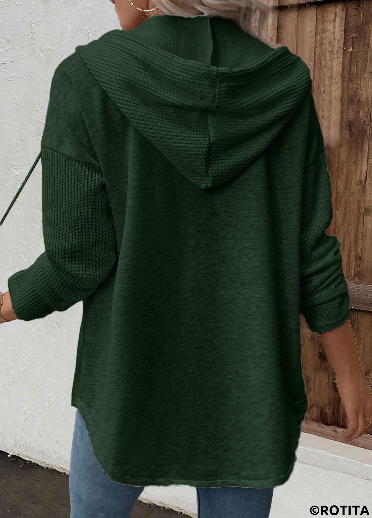 Green tops,Plain Color tops,ROTITA Patchwork Green Long Sleeve Hoodie