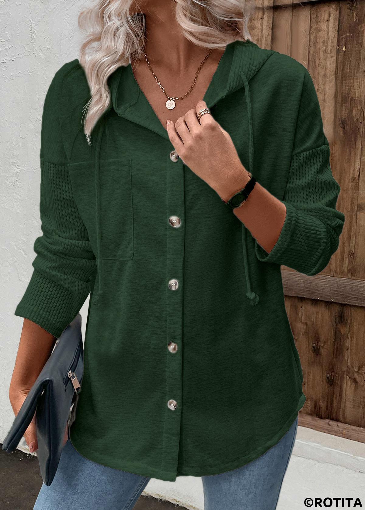 Green tops,Plain Color tops,ROTITA Patchwork Green Long Sleeve Hoodie