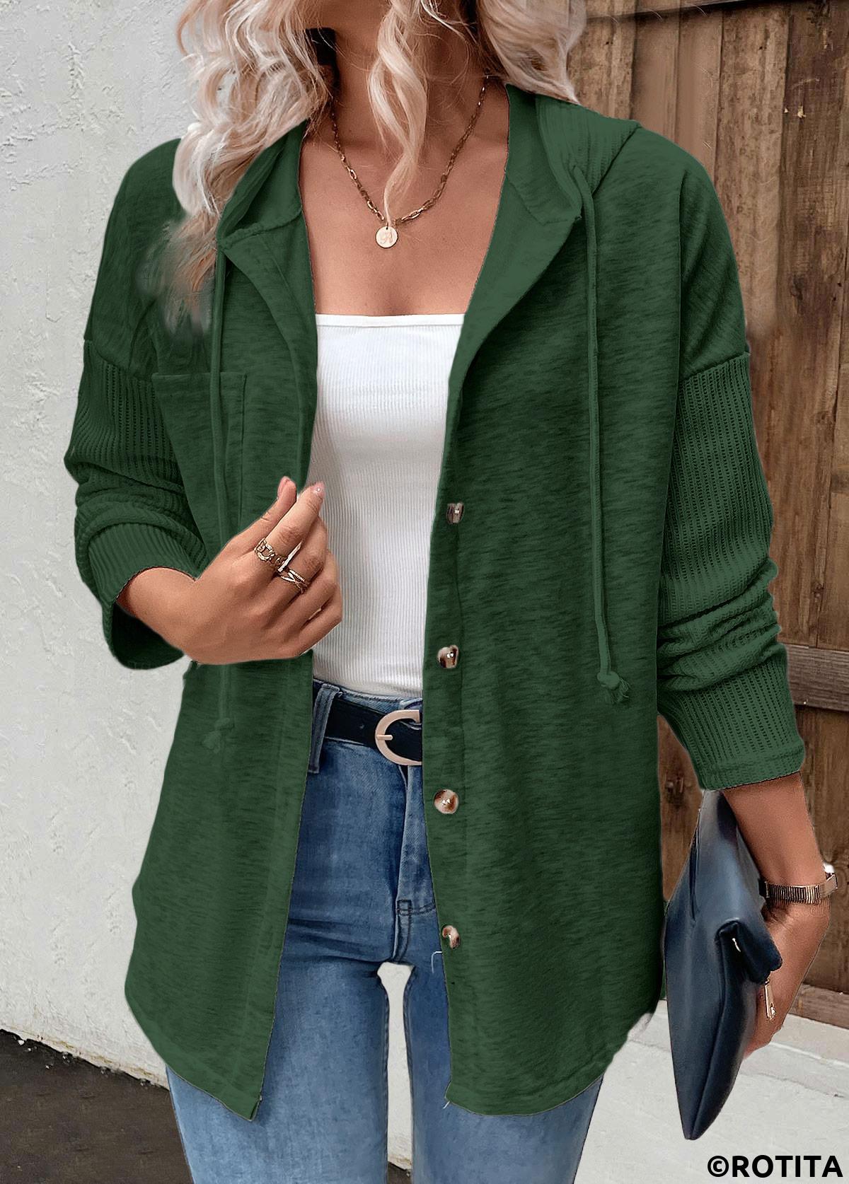 Green tops,Plain Color tops,ROTITA Patchwork Green Long Sleeve Hoodie