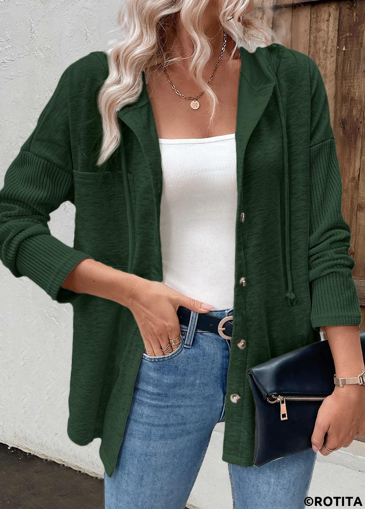Green tops,Plain Color tops,ROTITA Patchwork Green Long Sleeve Hoodie